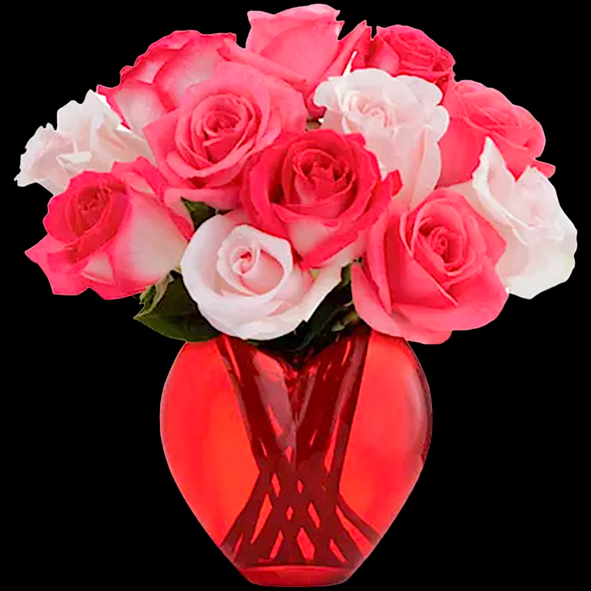 Pink and white roses arranged in a red glass vase, photo 3 of 4