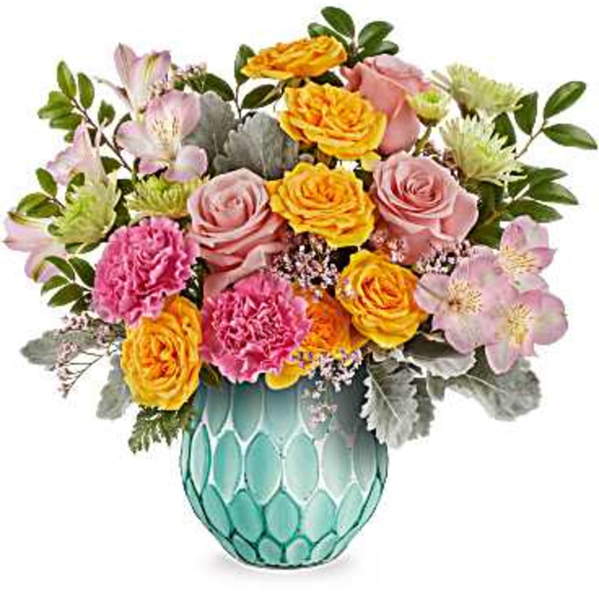 Mixed bouquet of roses, carnations, and alstroemeria in a turquoise vase