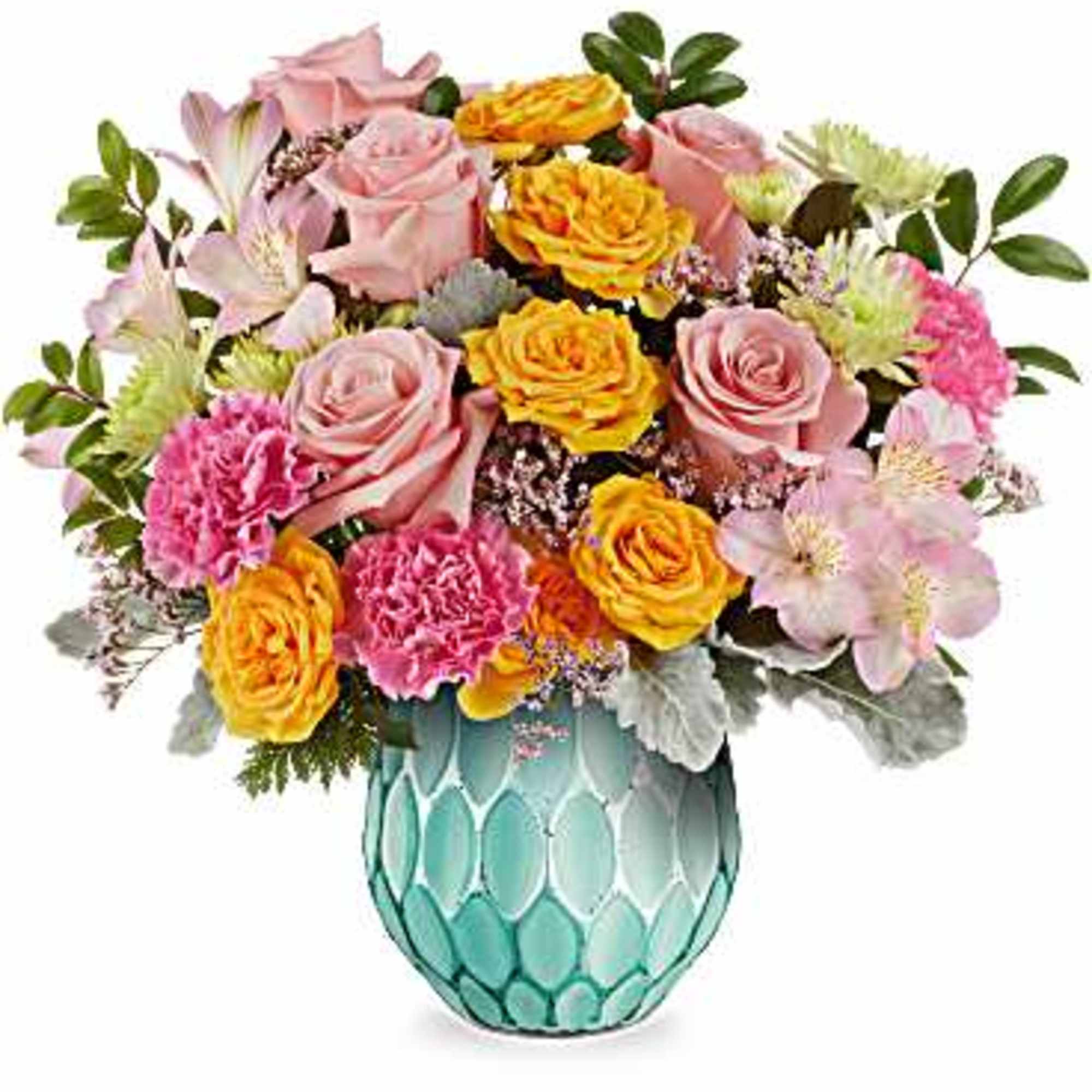 Pink and yellow roses in a turquoise glass vase