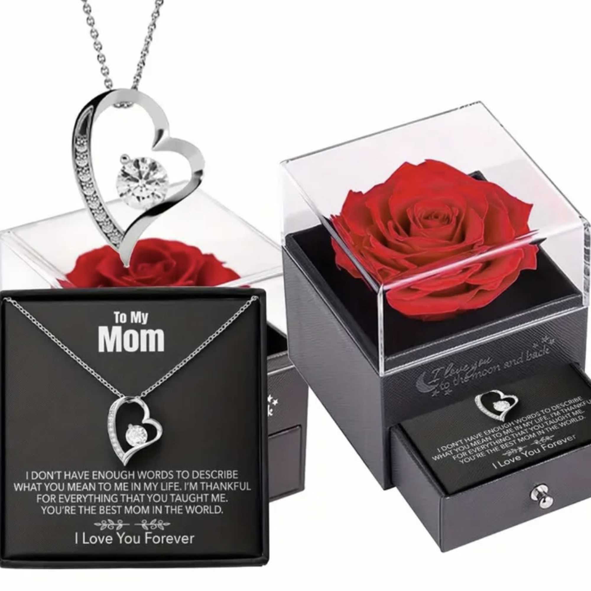 Gift boxes with red roses and heart-shaped necklaces for Mom
