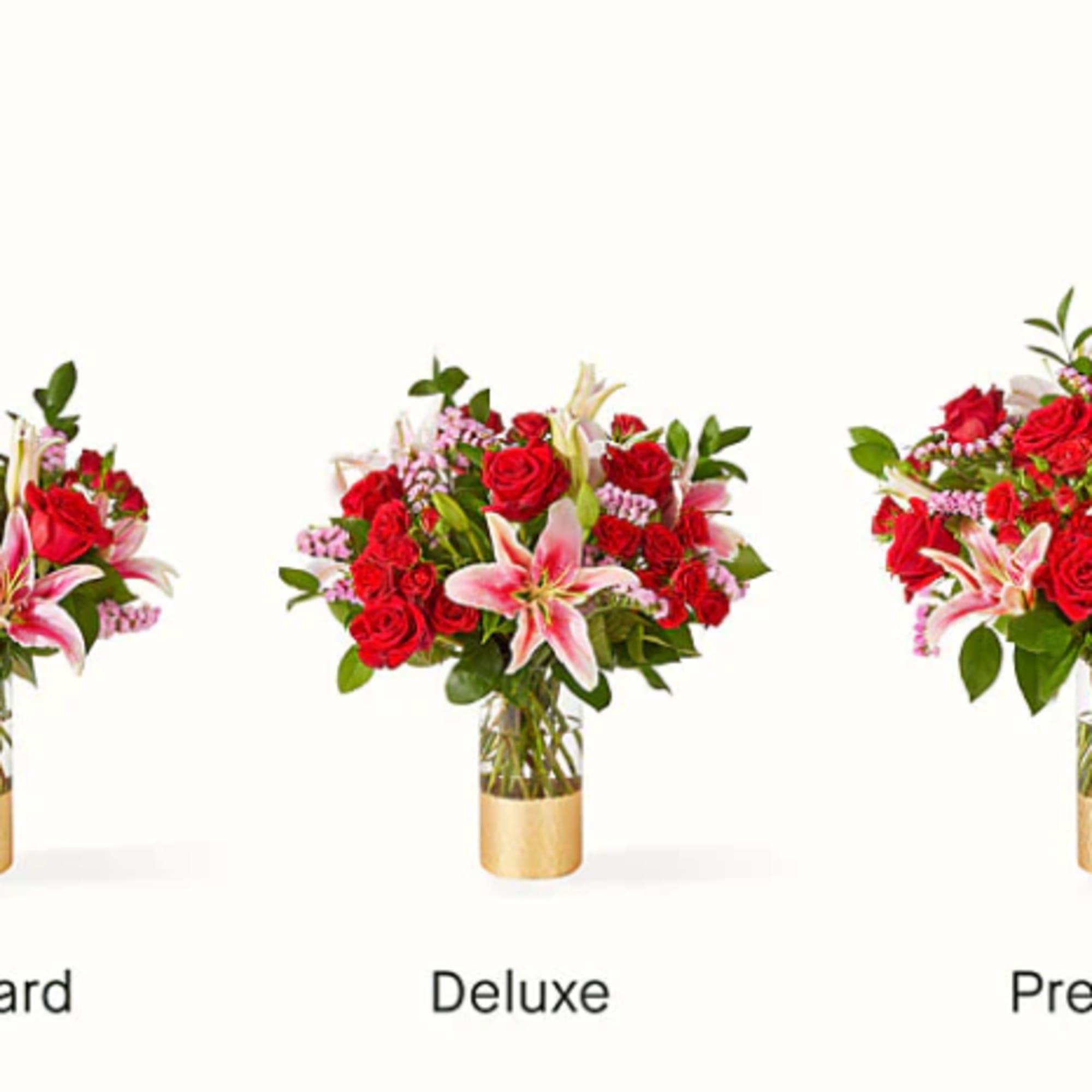 Three red rose and pink lily arrangements in gold vases
