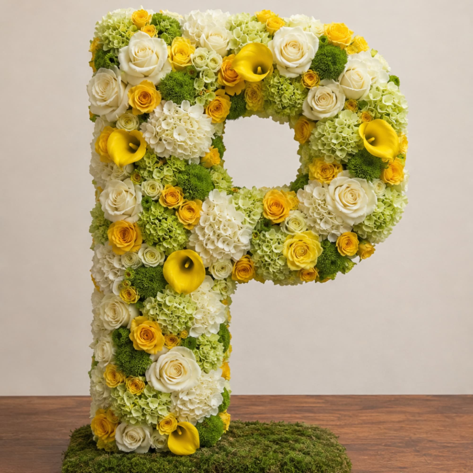 Large floral letter P made of white, yellow, and green flowers