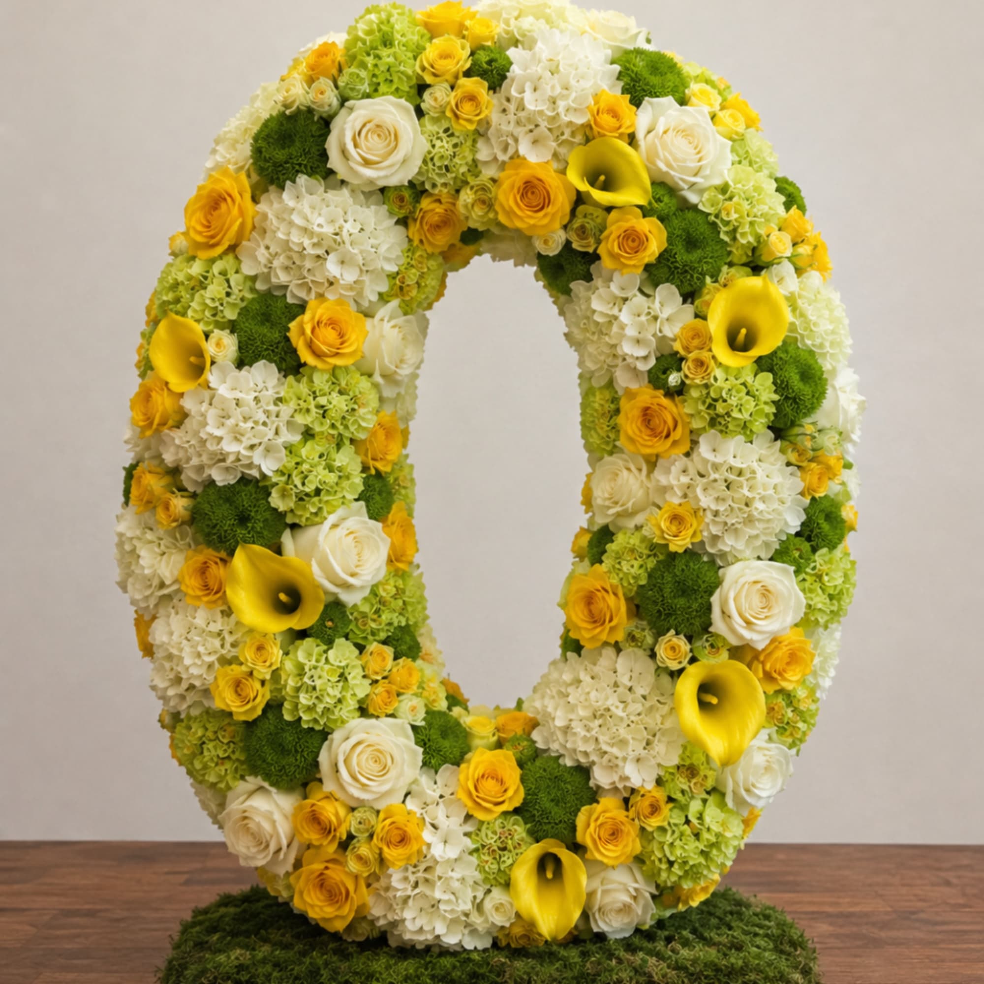 Oval floral wreath with yellow roses, white hydrangeas, and yellow calla lilies