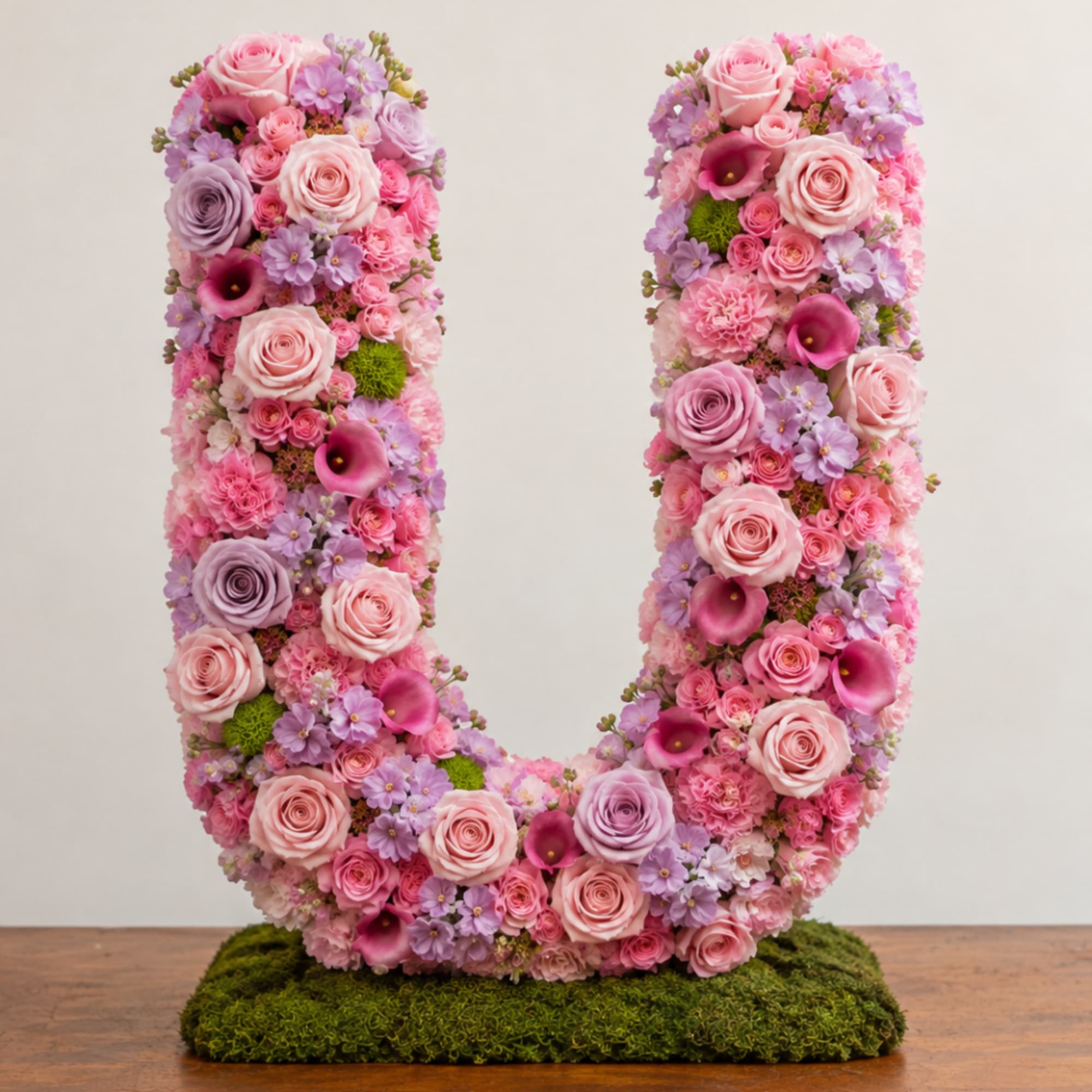 U-shaped floral arrangement with pink and lavender blooms on a moss base