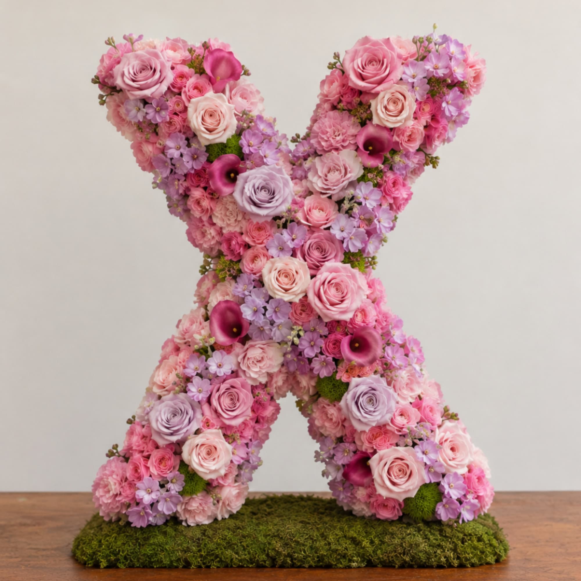 Pink and lavender floral arrangement shaped like a ribbon on a moss base