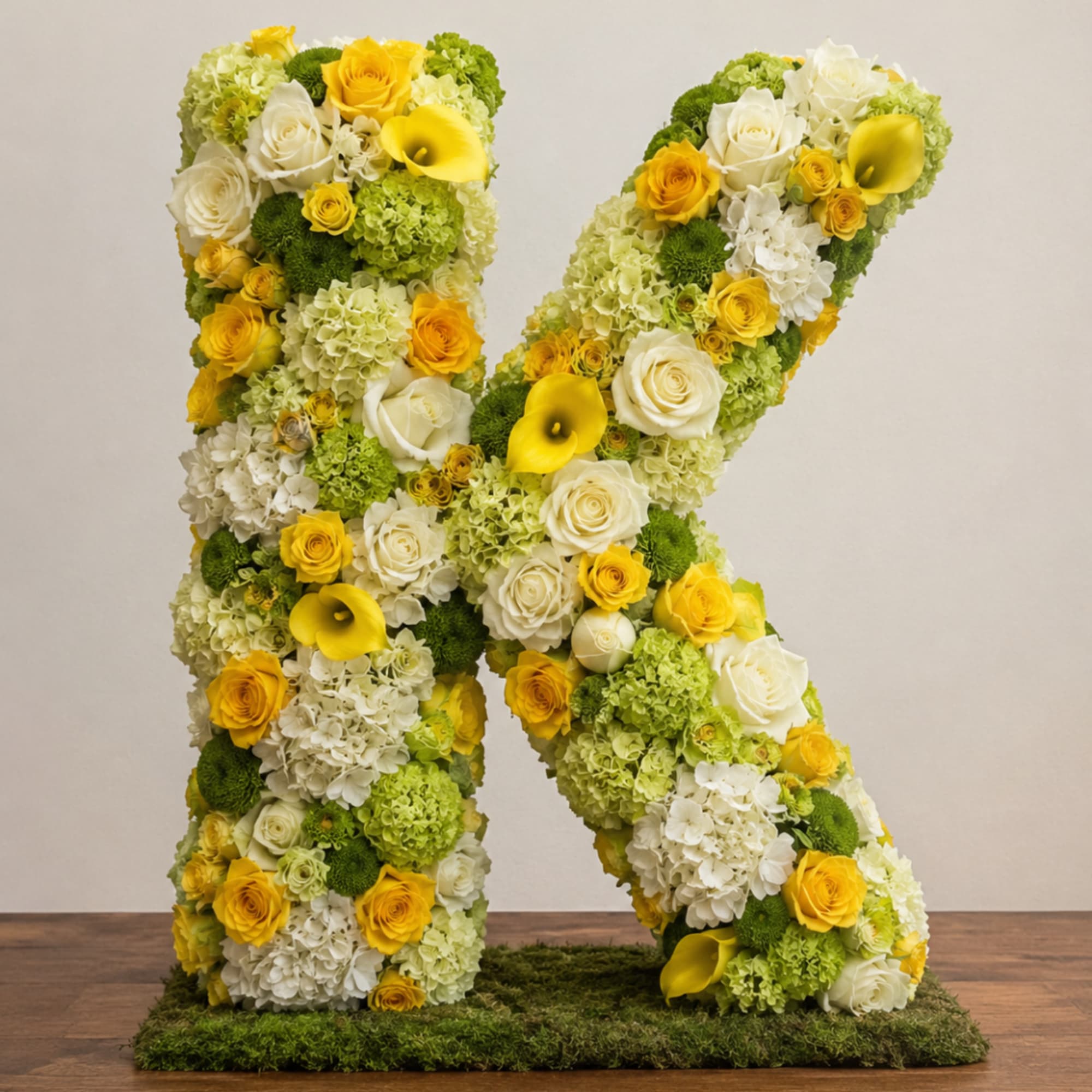 Large floral letter K made of yellow, white, and green flowers