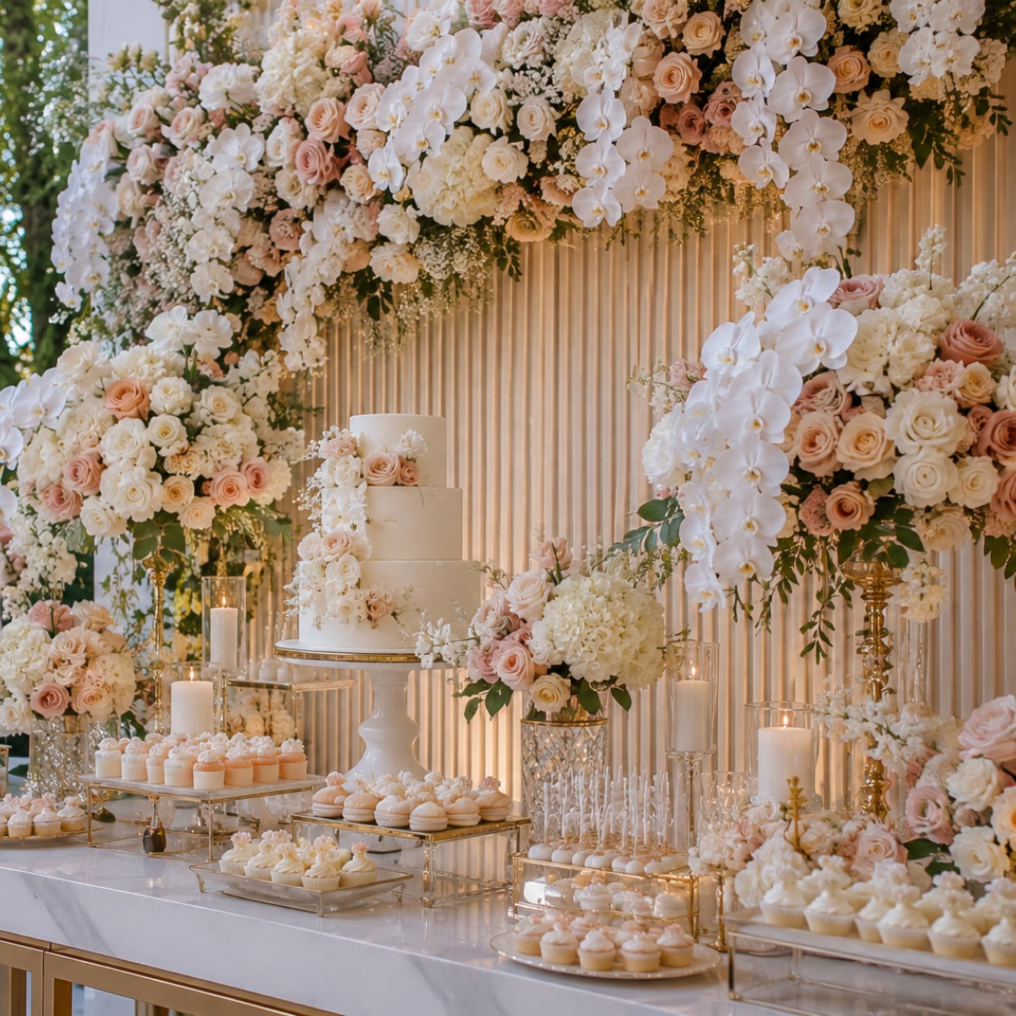 Large floral wedding display with a tiered cake and dessert table