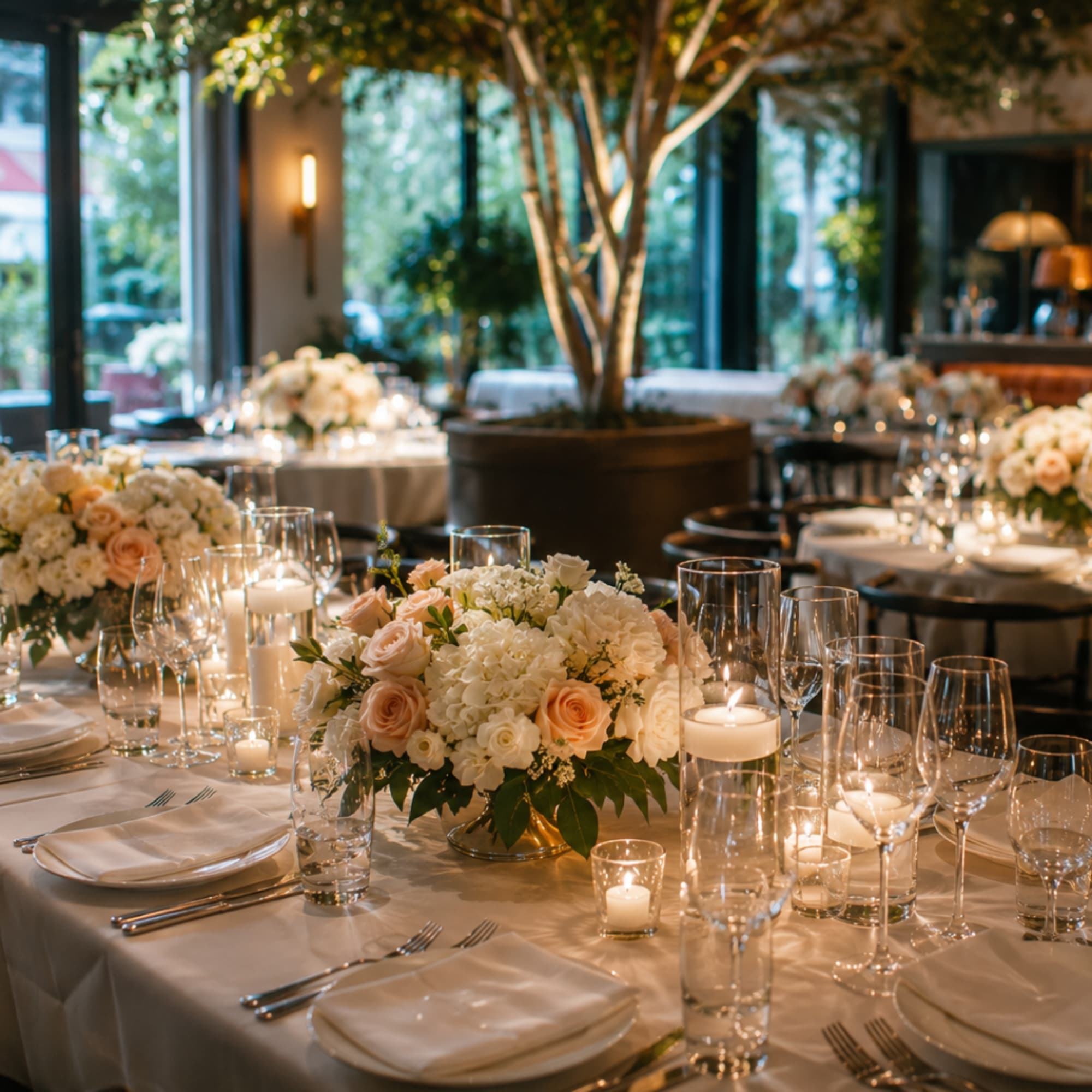 White and blush floral centerpieces on a candlelit banquet table