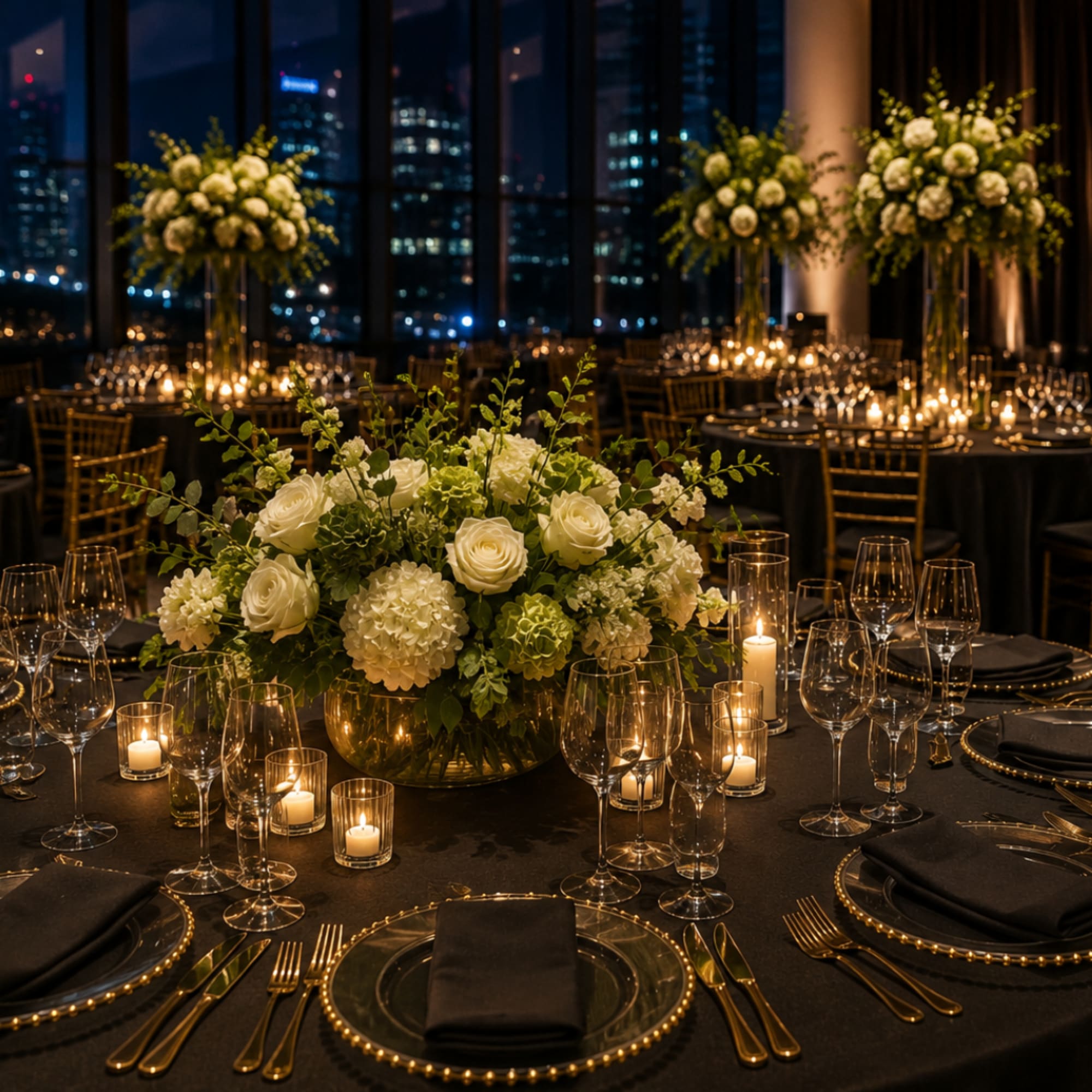 White rose and hydrangea centerpiece on a candlelit banquet table