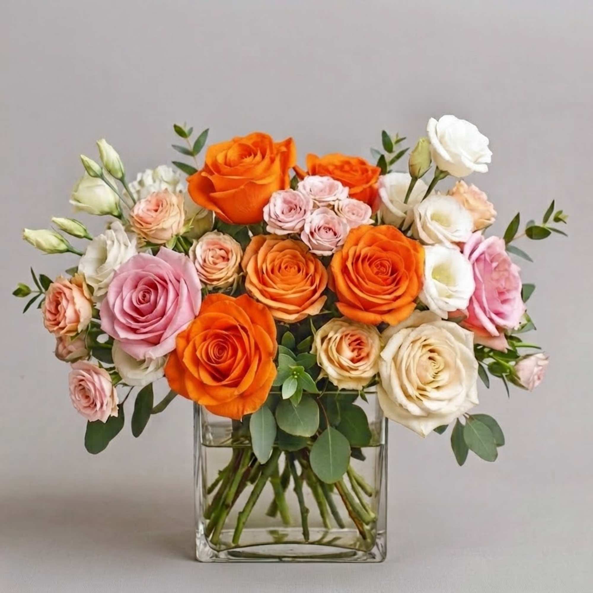 Mixed roses in orange, pink, and white arranged in a clear square vase