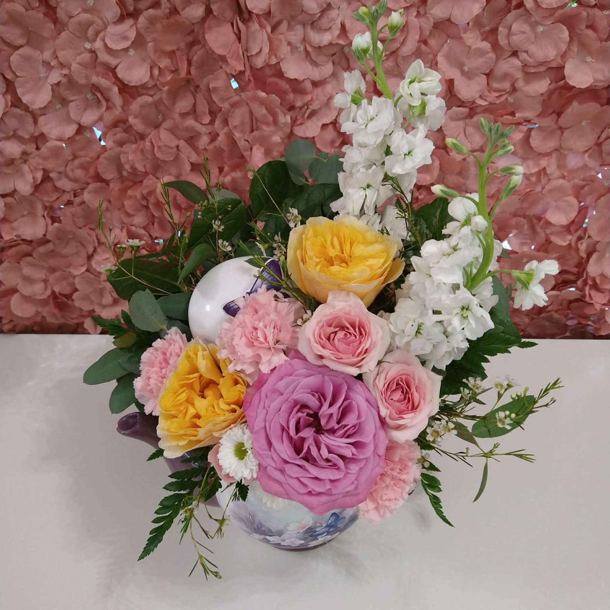 Assorted florals in a teapot with a lid. Colors vary, please specify, photo 2 of 2