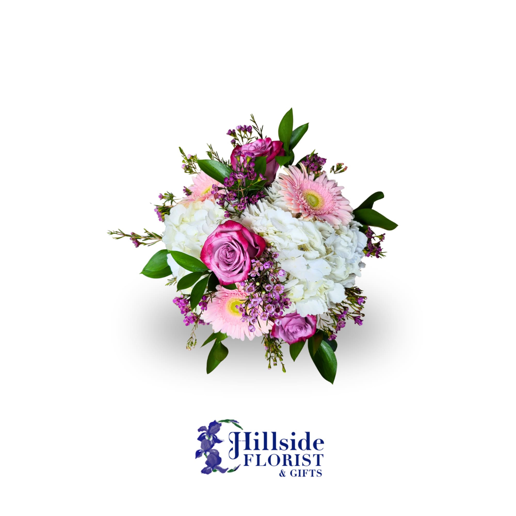 Pink roses and gerbera daisies with white hydrangeas in a compact bouquet