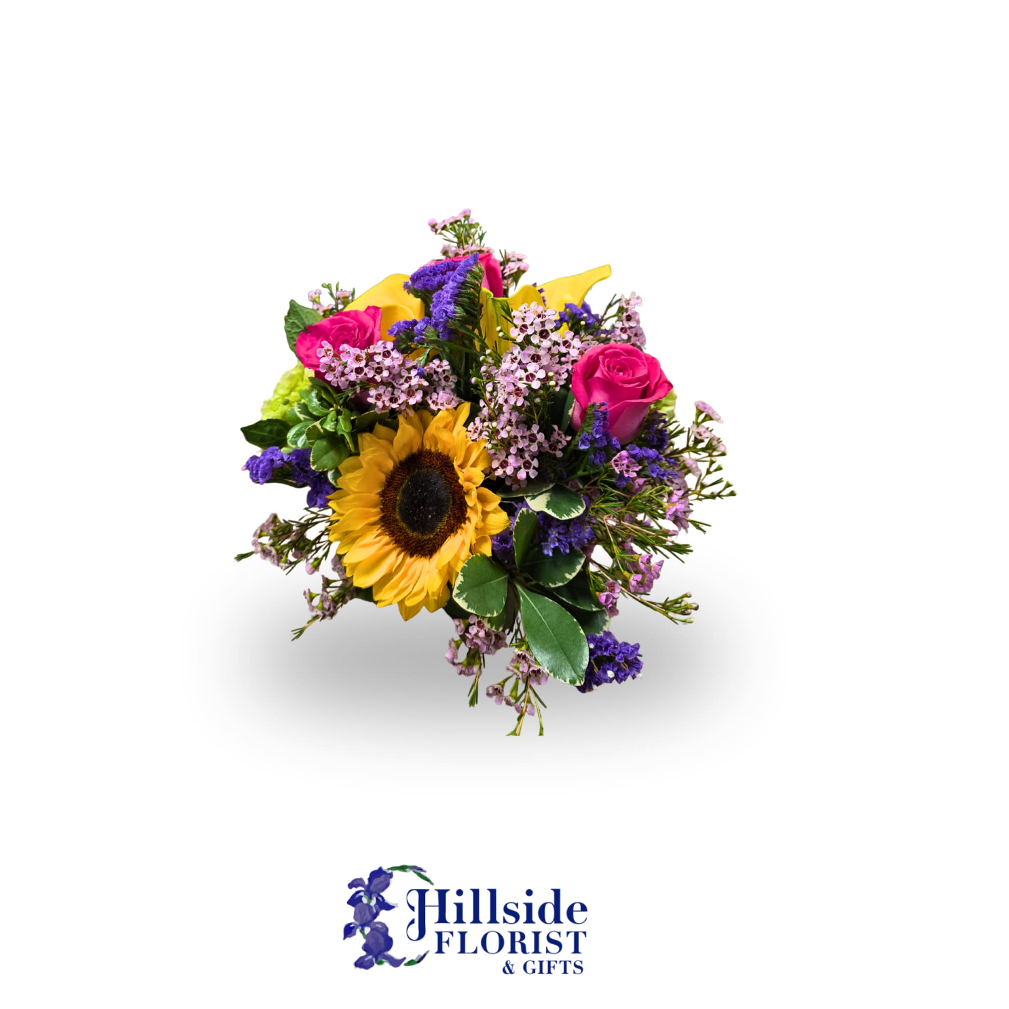 Bright mixed bouquet with a sunflower, pink roses, purple accents and tiny pink blooms in a compact arrangement