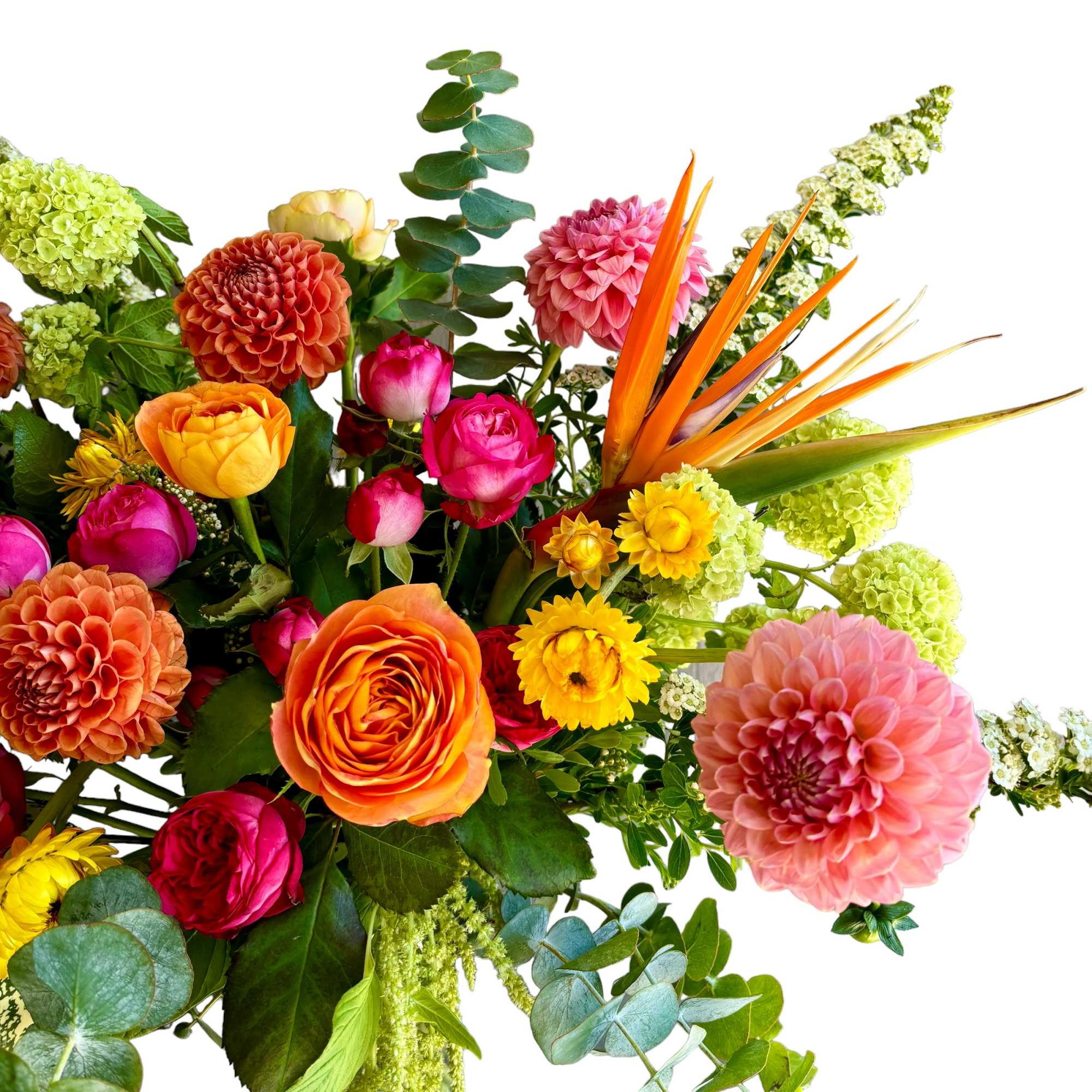 Mixed bouquet with orange, pink, yellow, and green flowers, photo 2 of 4