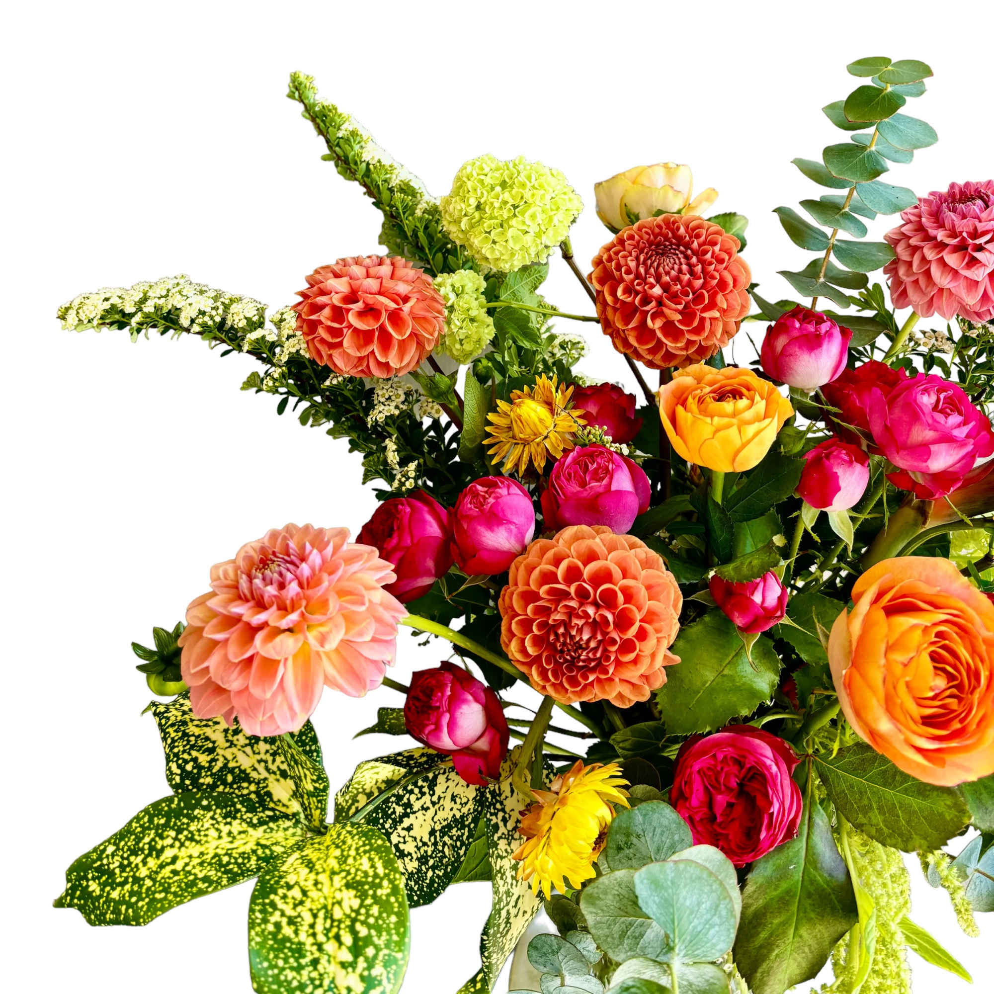 Mixed bouquet with orange, pink, yellow, and green flowers, photo 3 of 4