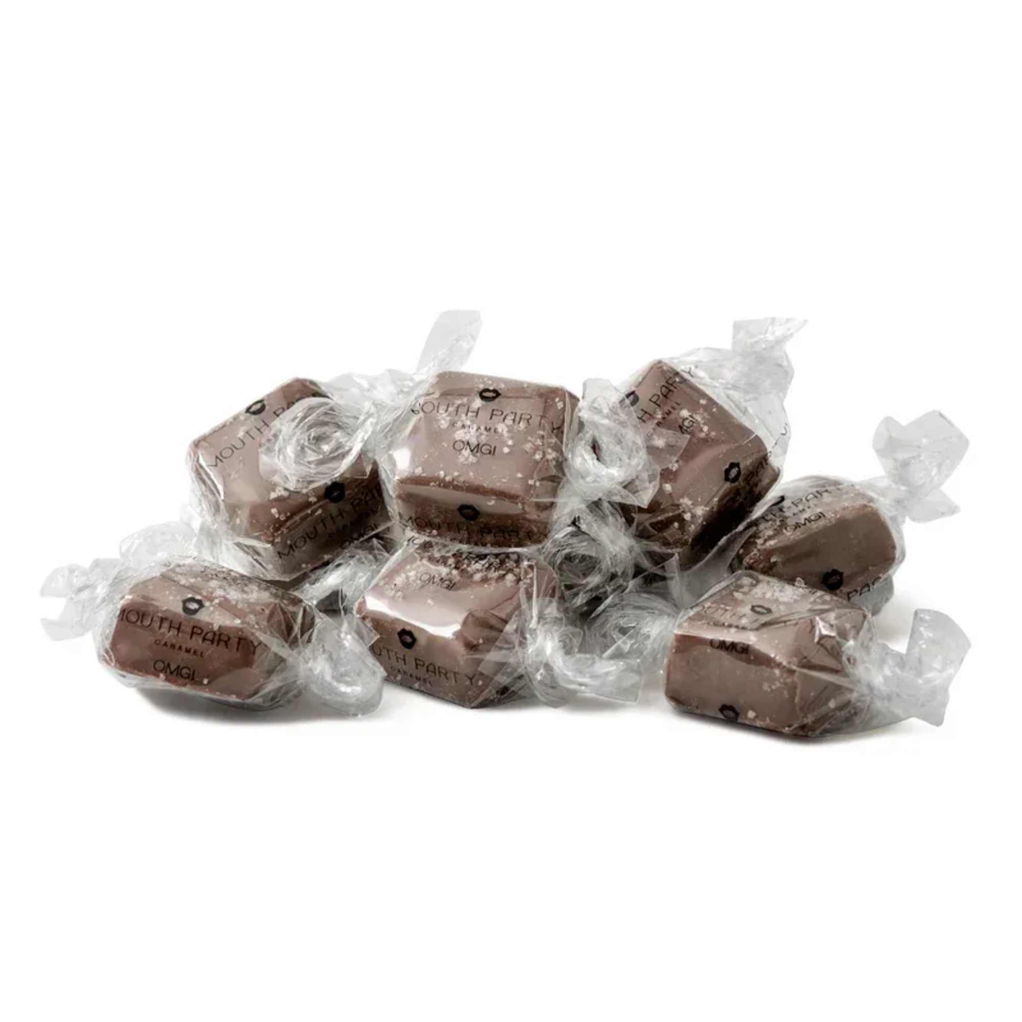 Individually wrapped chocolate caramels stacked together
