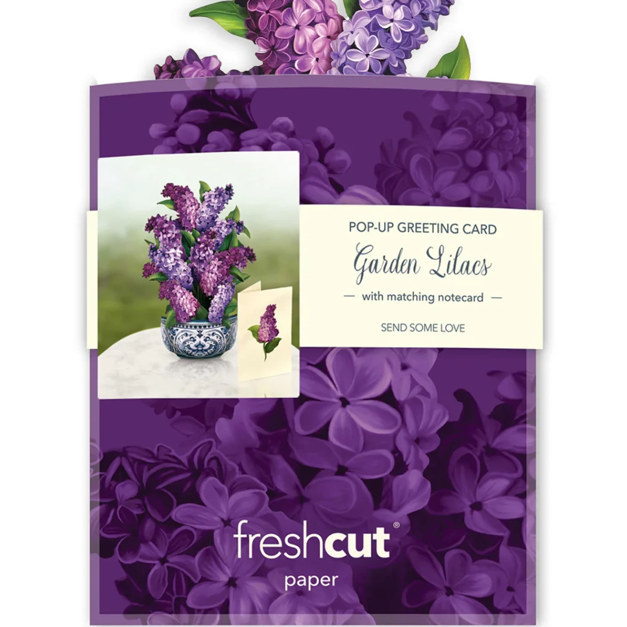 Purple pop-up greeting card with lilac flowers and matching note card