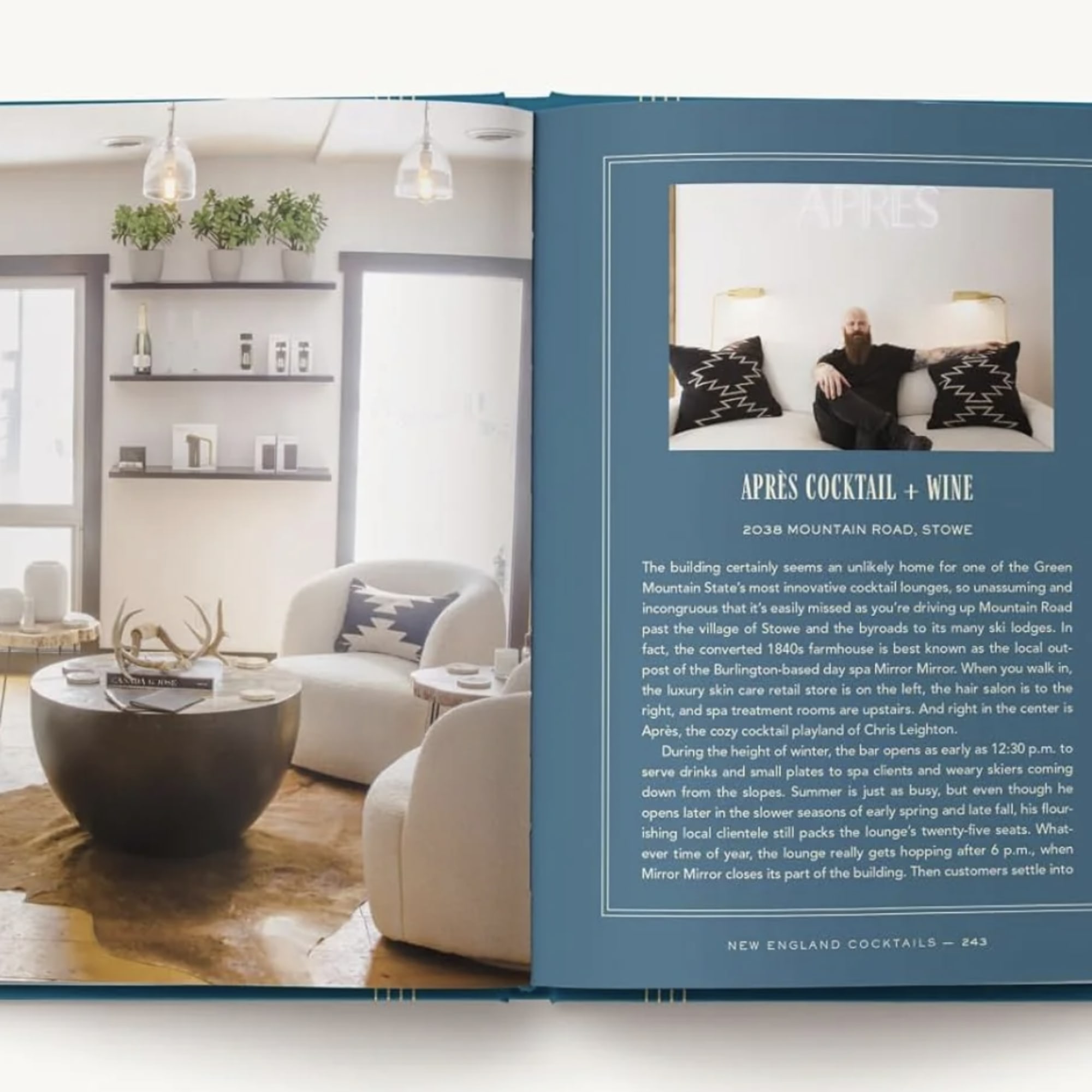 Open book showing a lounge interior and a cocktail bar article page