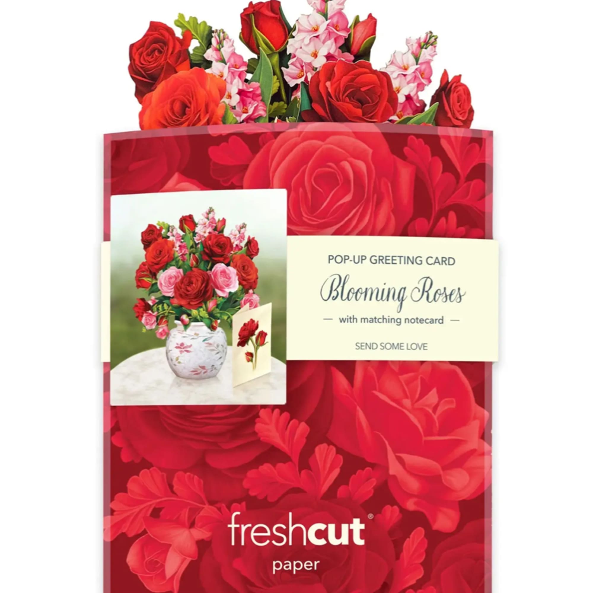Pop-up greeting card with red roses and pink flowers