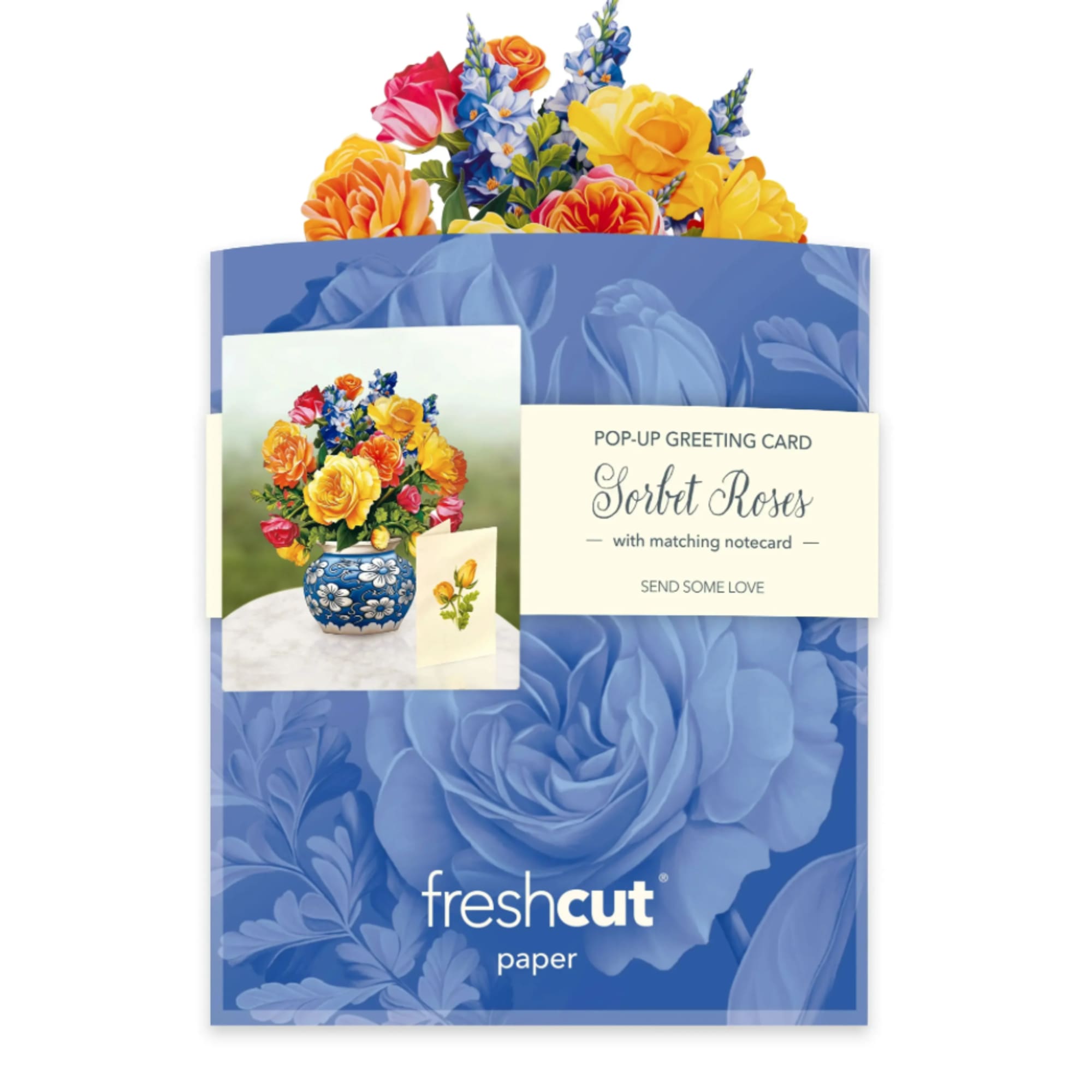 Pop-up greeting card with colorful roses and blue flowers