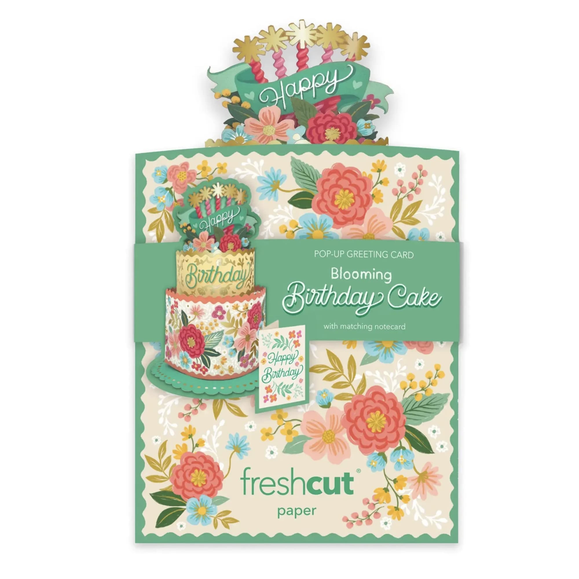 Pop-up birthday greeting card with a floral cake design