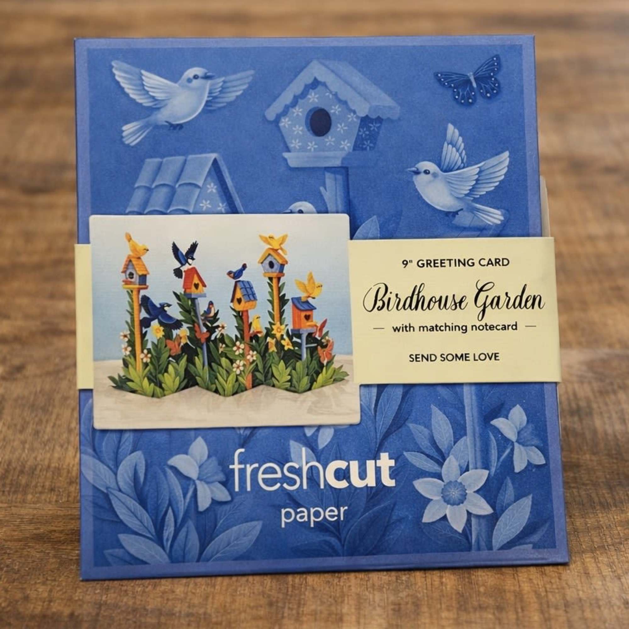 Blue greeting card set with birdhouse and bird illustrations