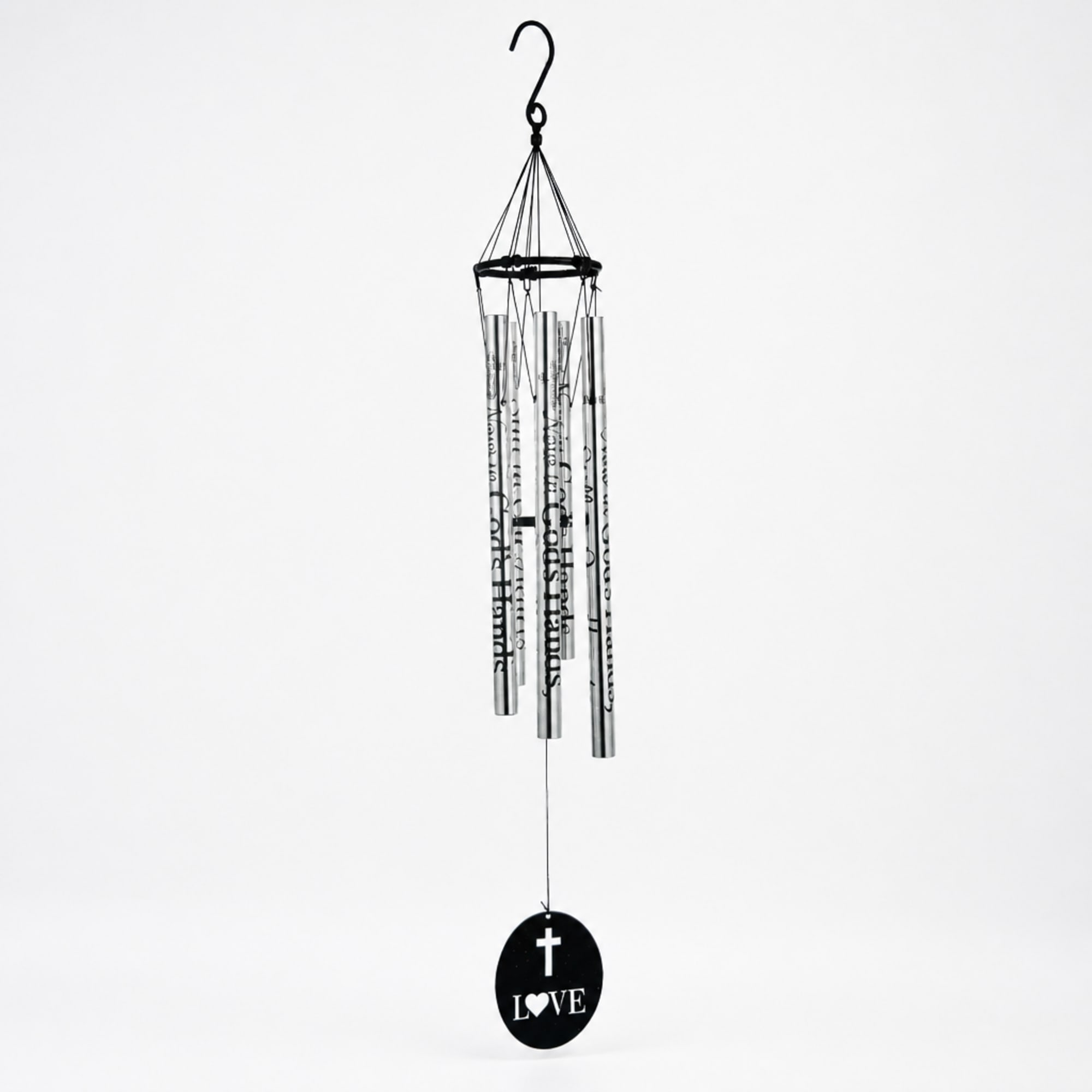 Hanging metal wind chime with a black cross and LOVE medallion