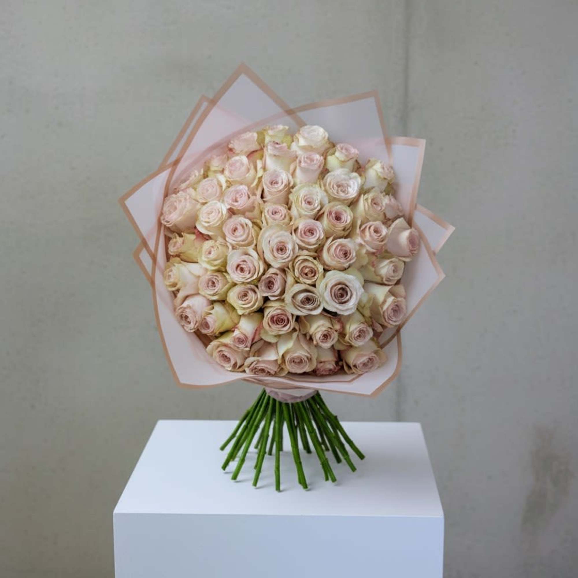 Bouquet of pale pink roses wrapped in blush paper