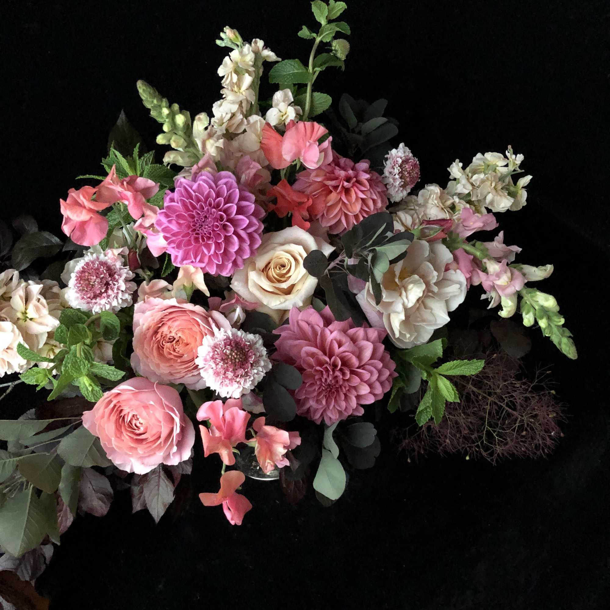 Pink and cream mixed bouquet with roses, dahlias, and snapdragons