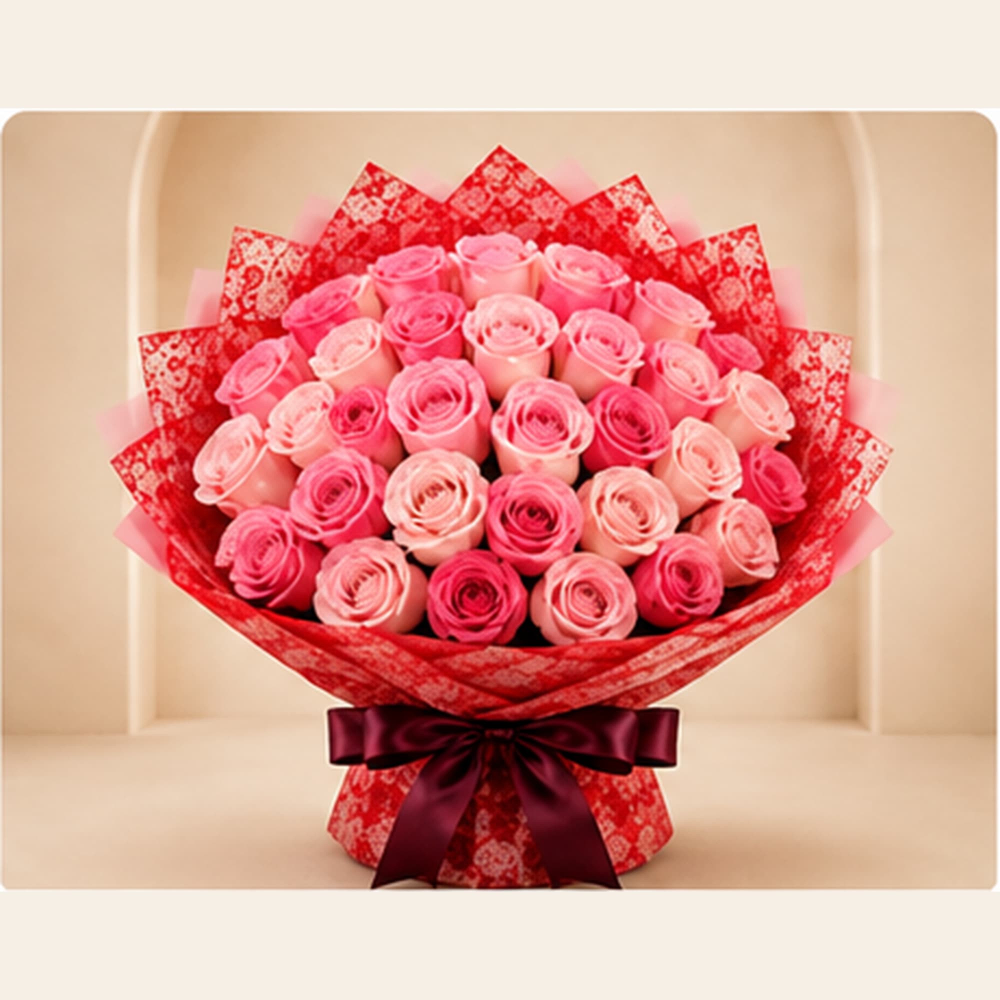 Bouquet of pink roses wrapped in red paper with a ribbon