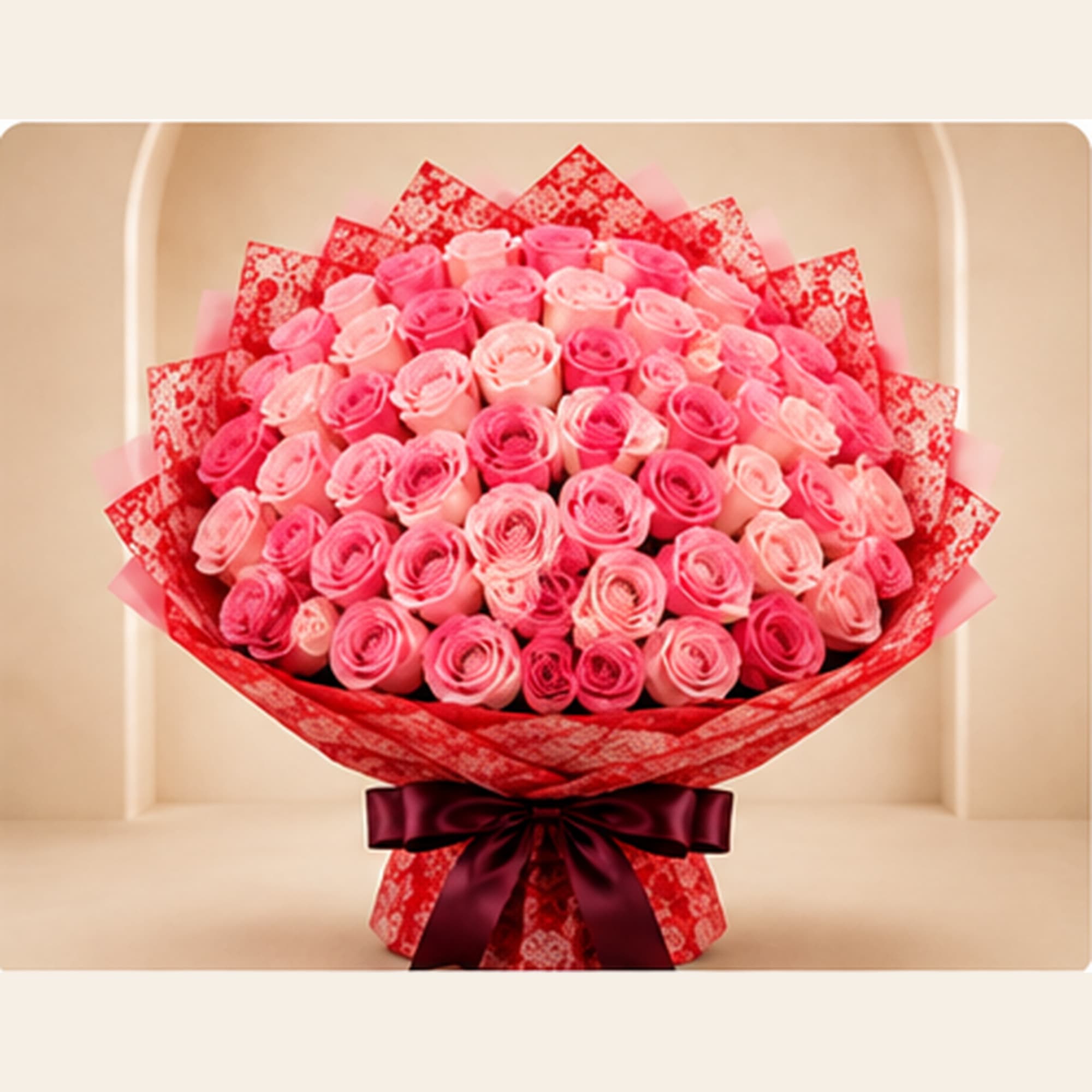 Large bouquet of pink roses wrapped in red paper with a dark ribbon