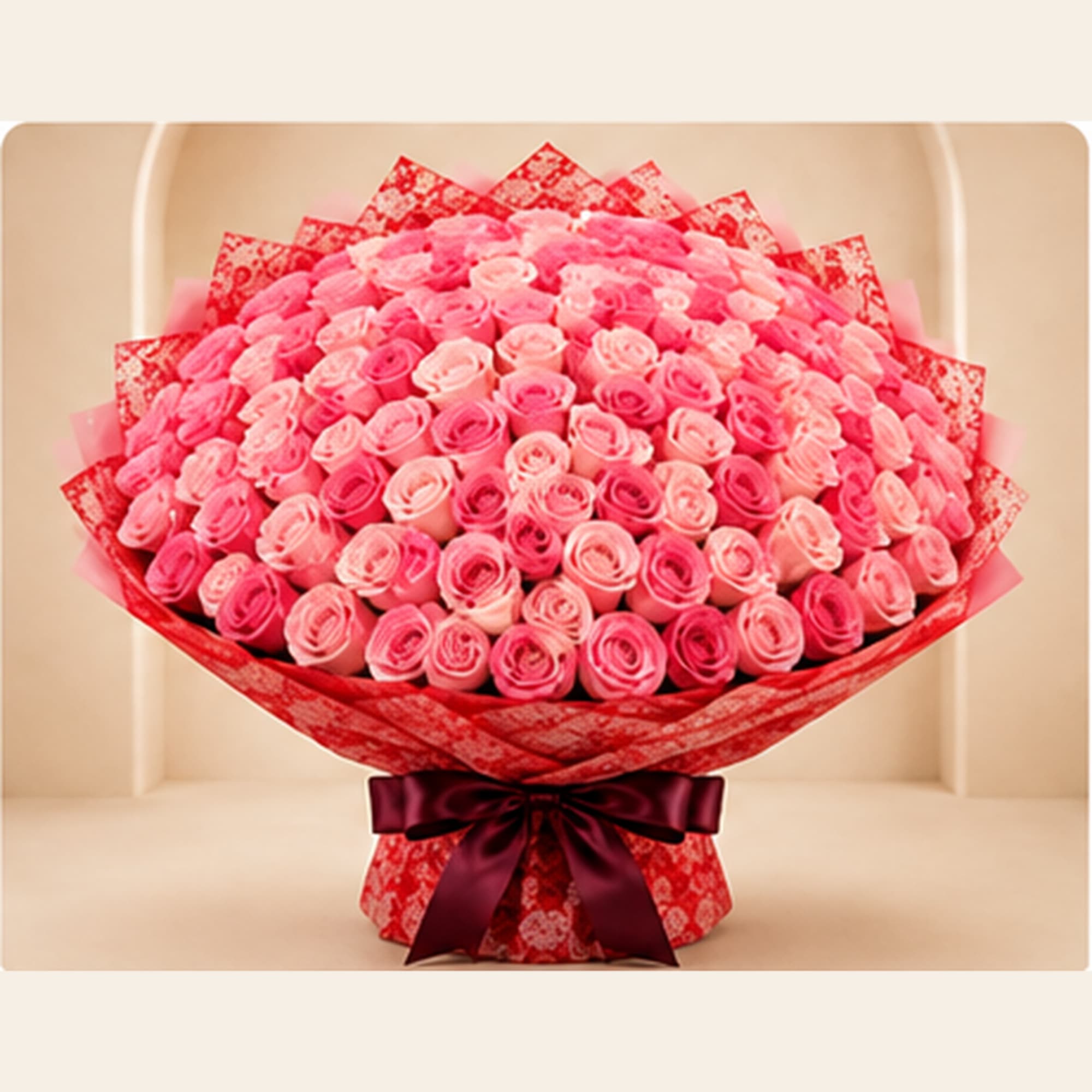 Large bouquet of pink roses wrapped in red paper with a dark ribbon