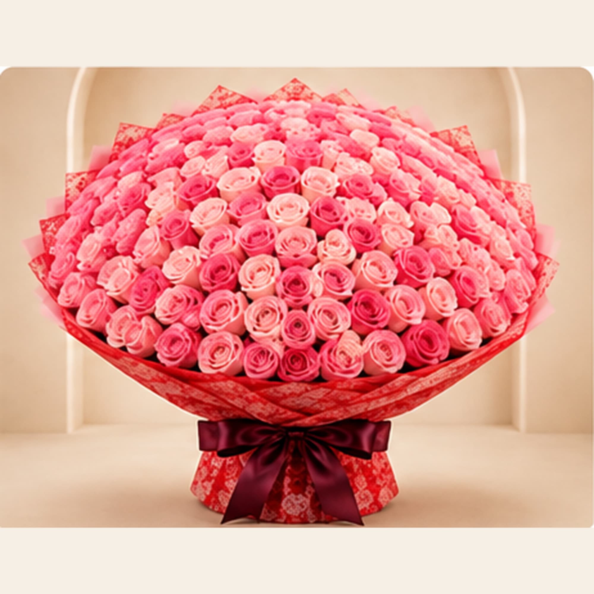 Large bouquet of pink roses wrapped in red paper with a dark ribbon