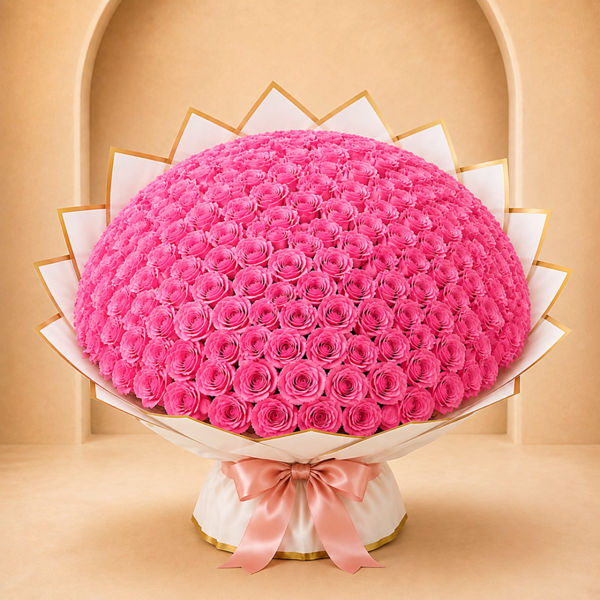 Large dome bouquet of bright pink roses wrapped in white paper with a satin bow