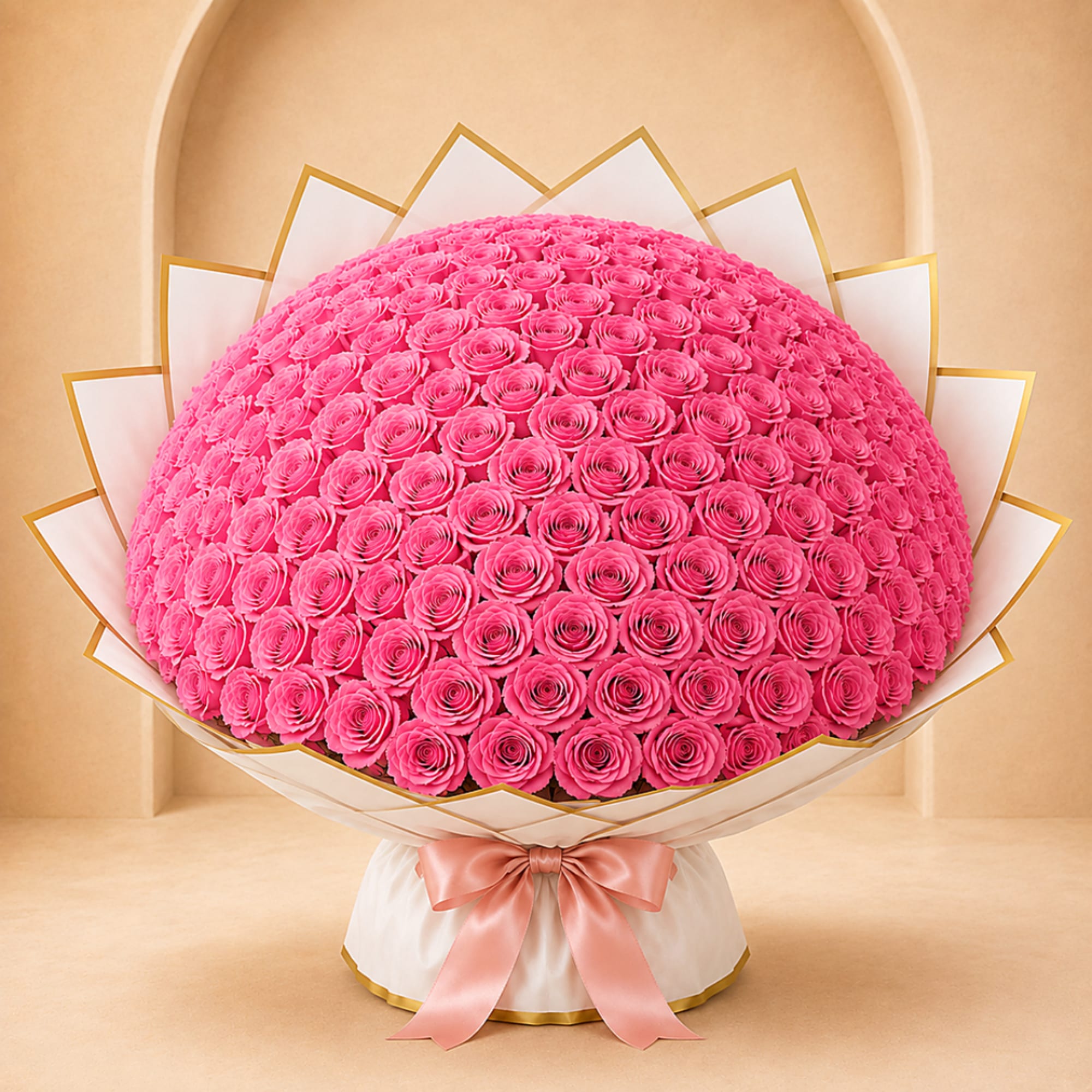 Large dome bouquet of bright pink roses with a satin ribbon wrap