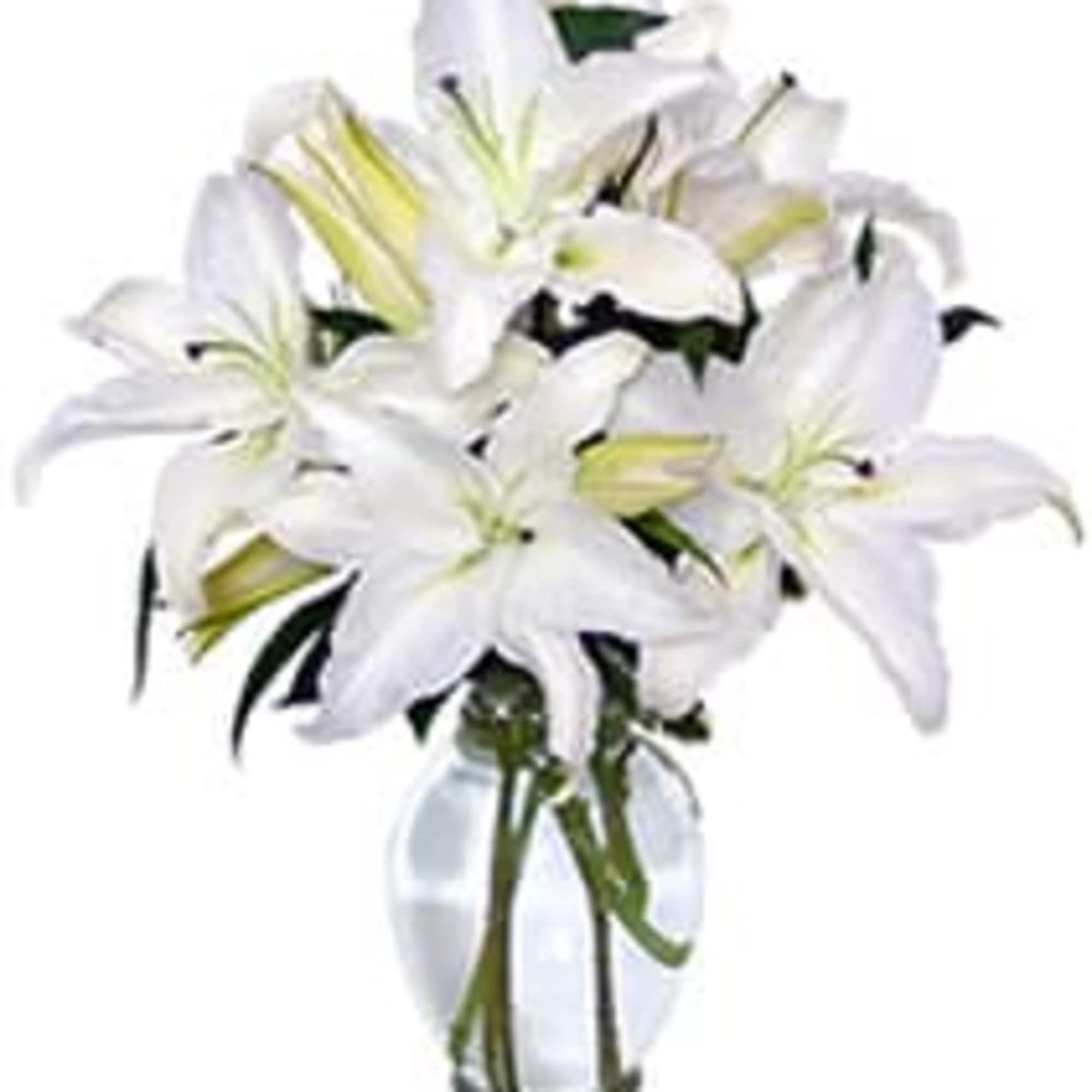White lily bouquet in a clear glass vase
