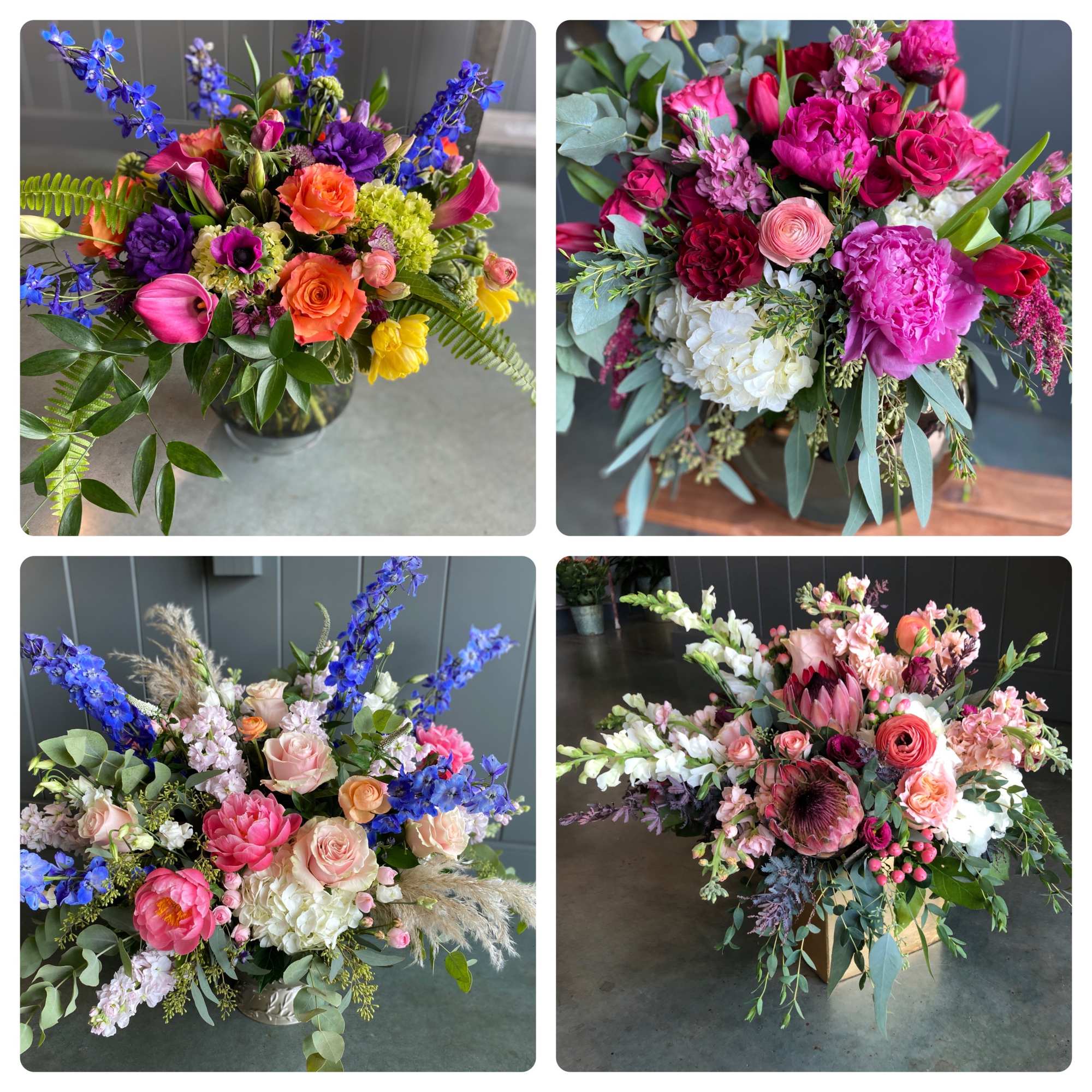 Four colorful mixed flower arrangements in vases and a box