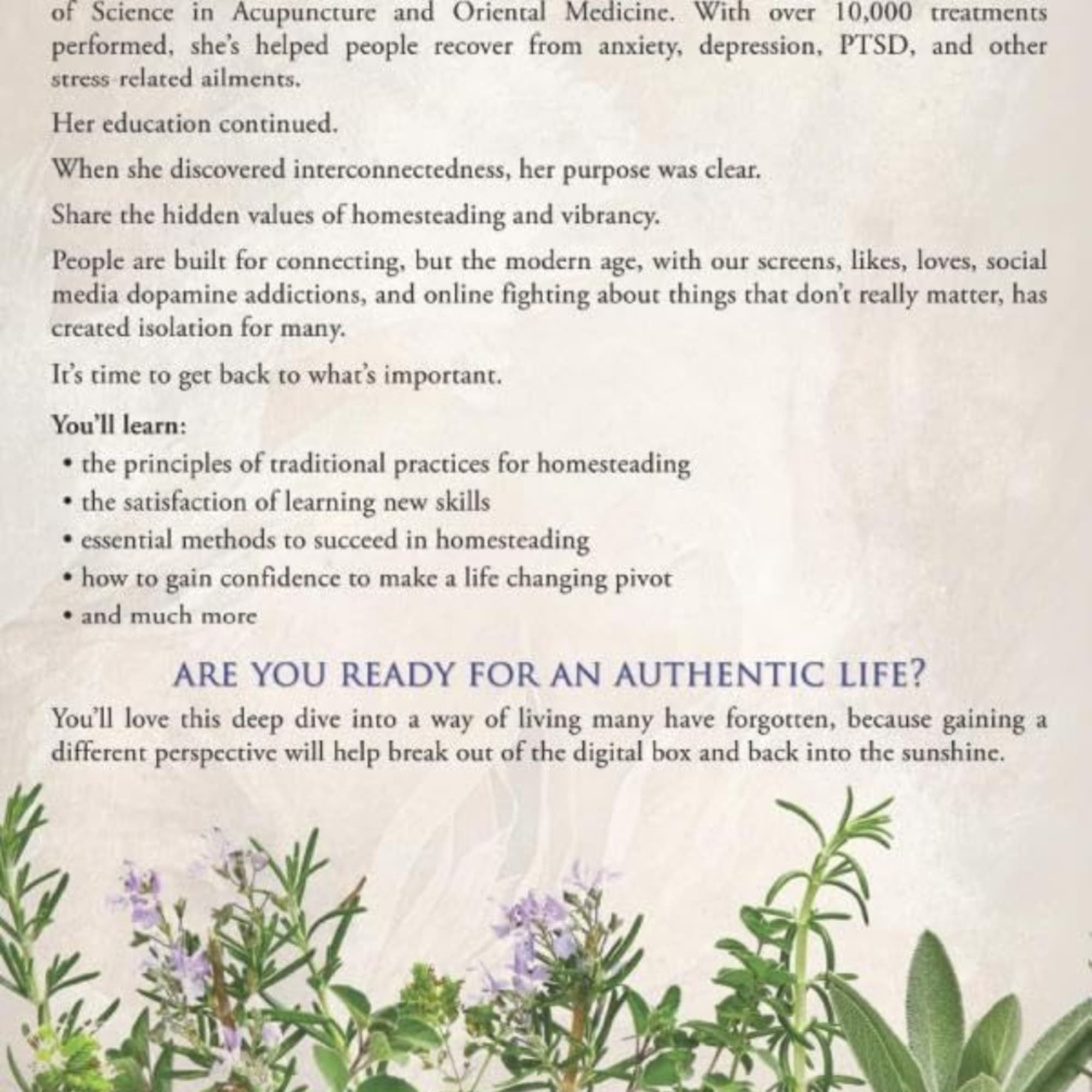 Book cover with text above an illustration of herbs and plants