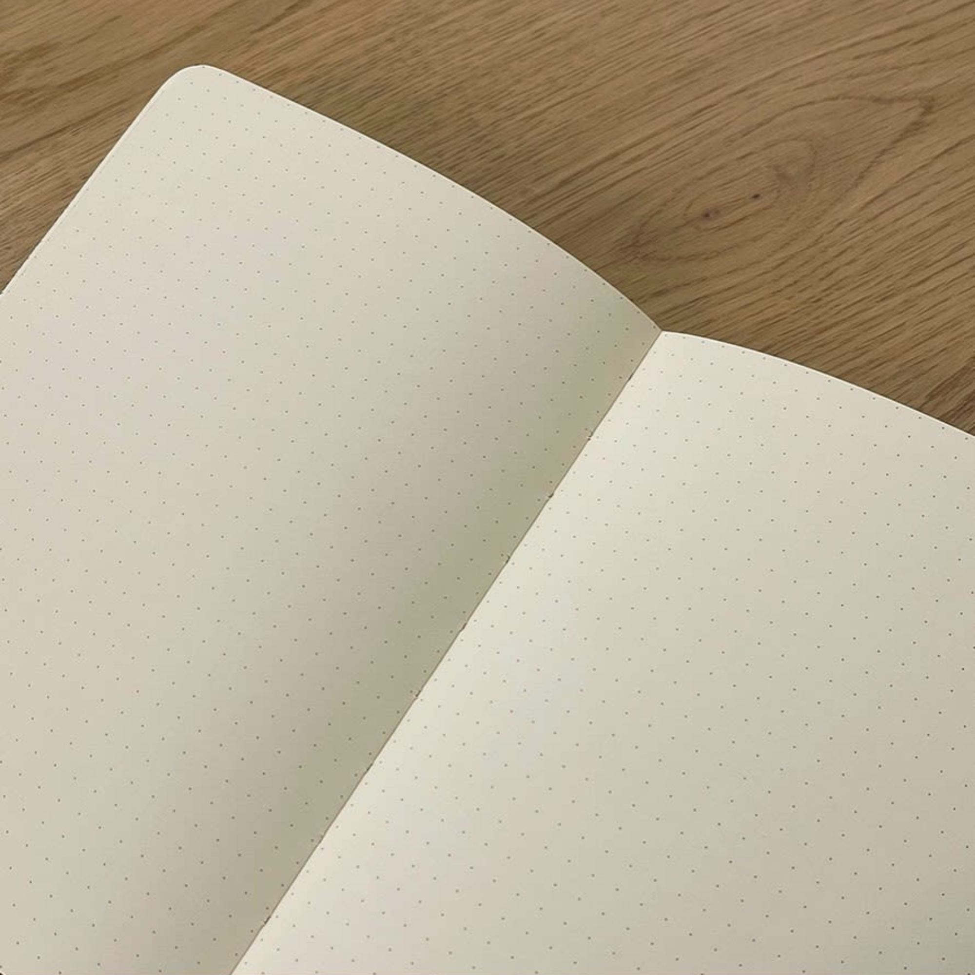 Open dotted notebook pages on a wooden surface