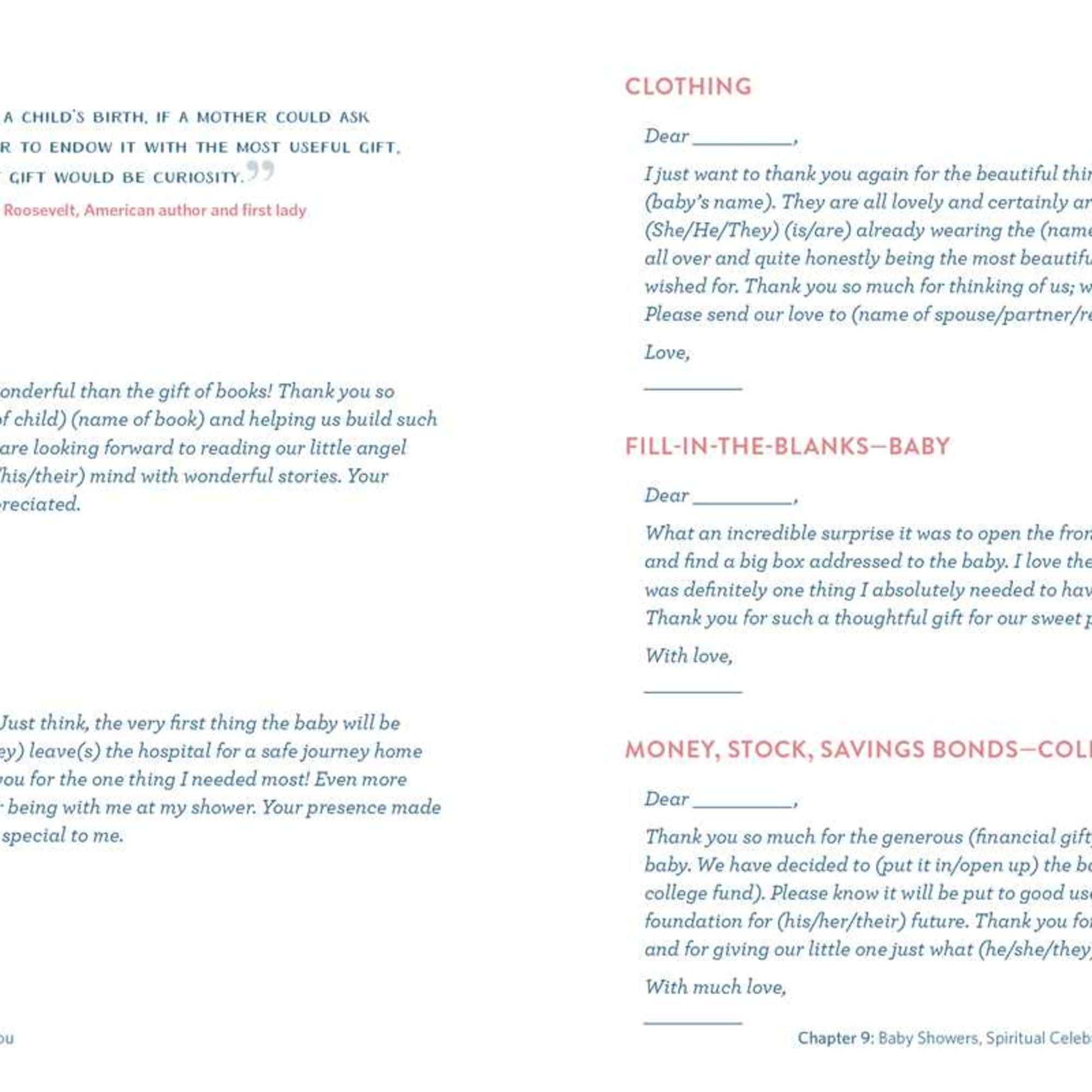 Open book page with baby shower thank-you note templates