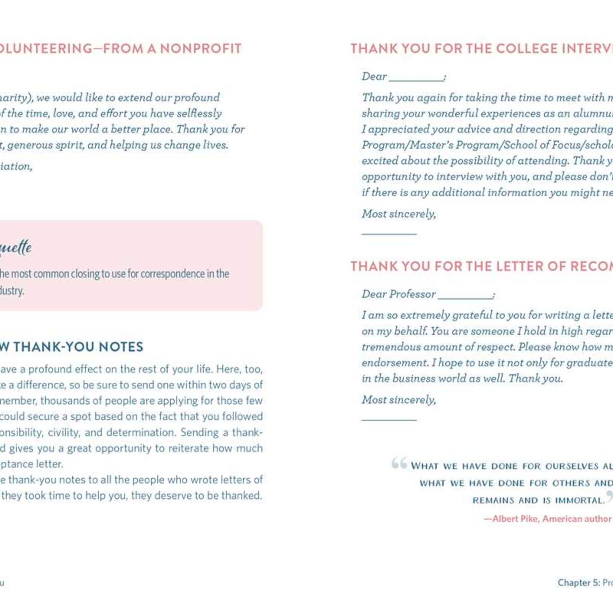 Open book page with thank-you note examples and text blocks.