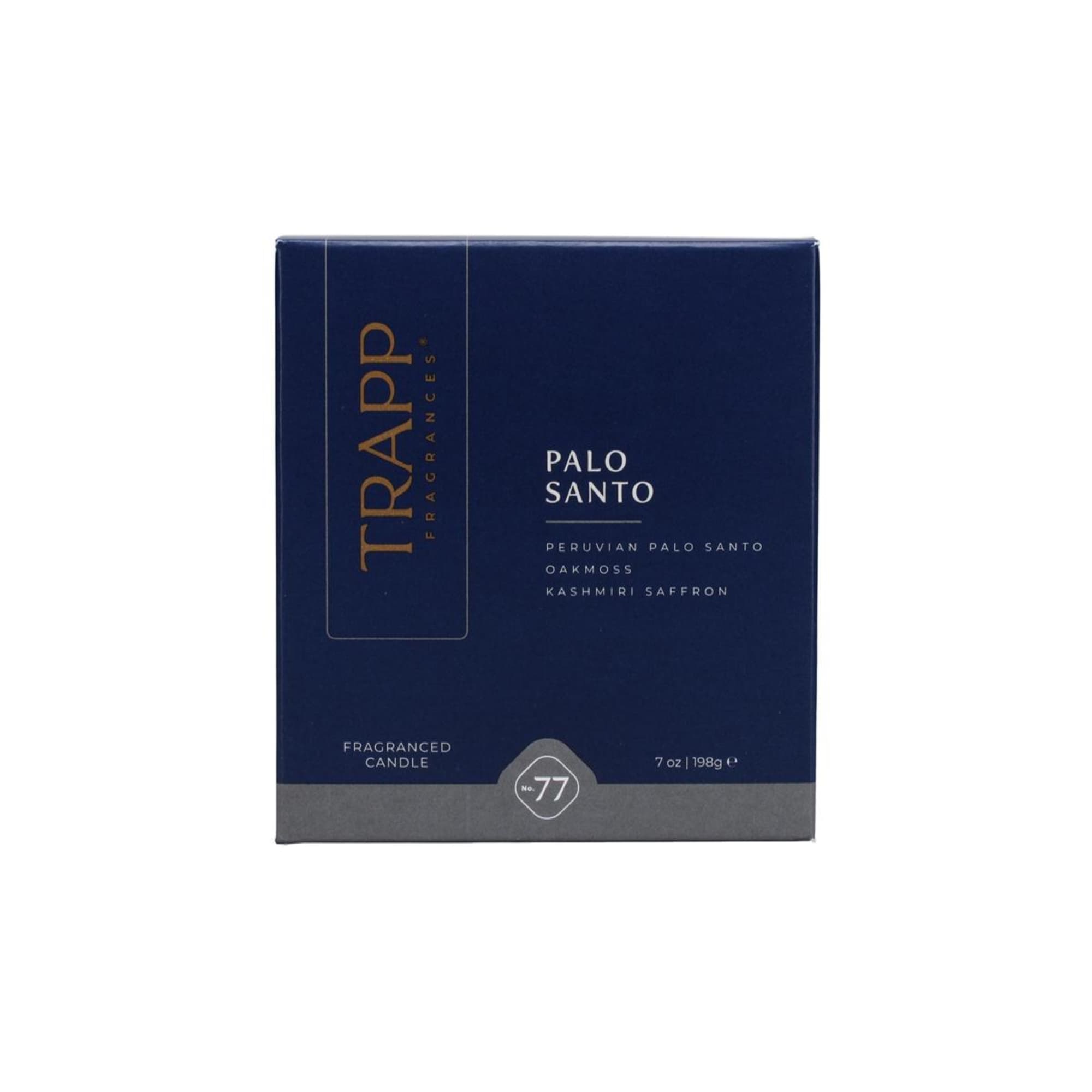 Blue boxed fragranced candle labeled Palo Santo