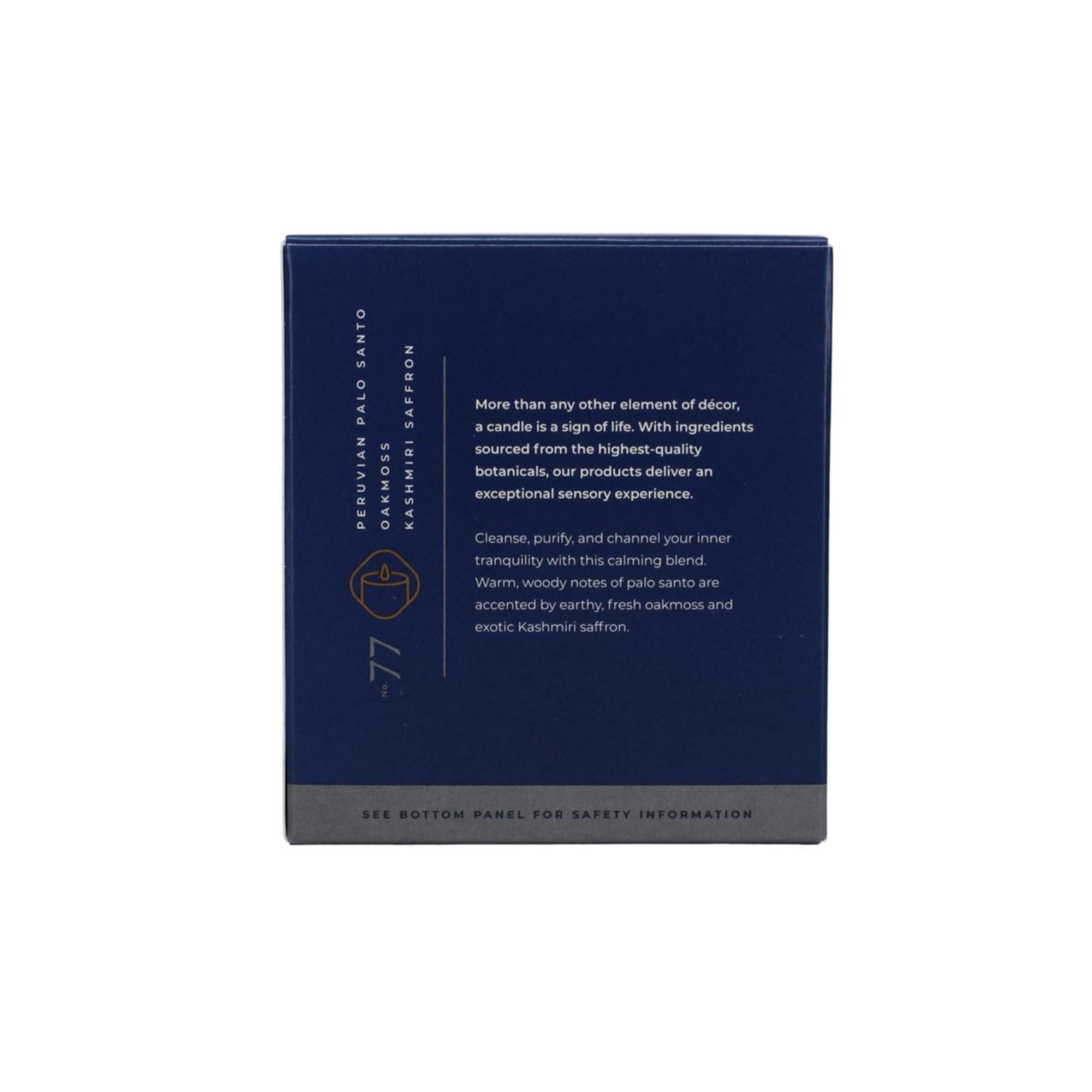 Blue candle box with printed scent notes