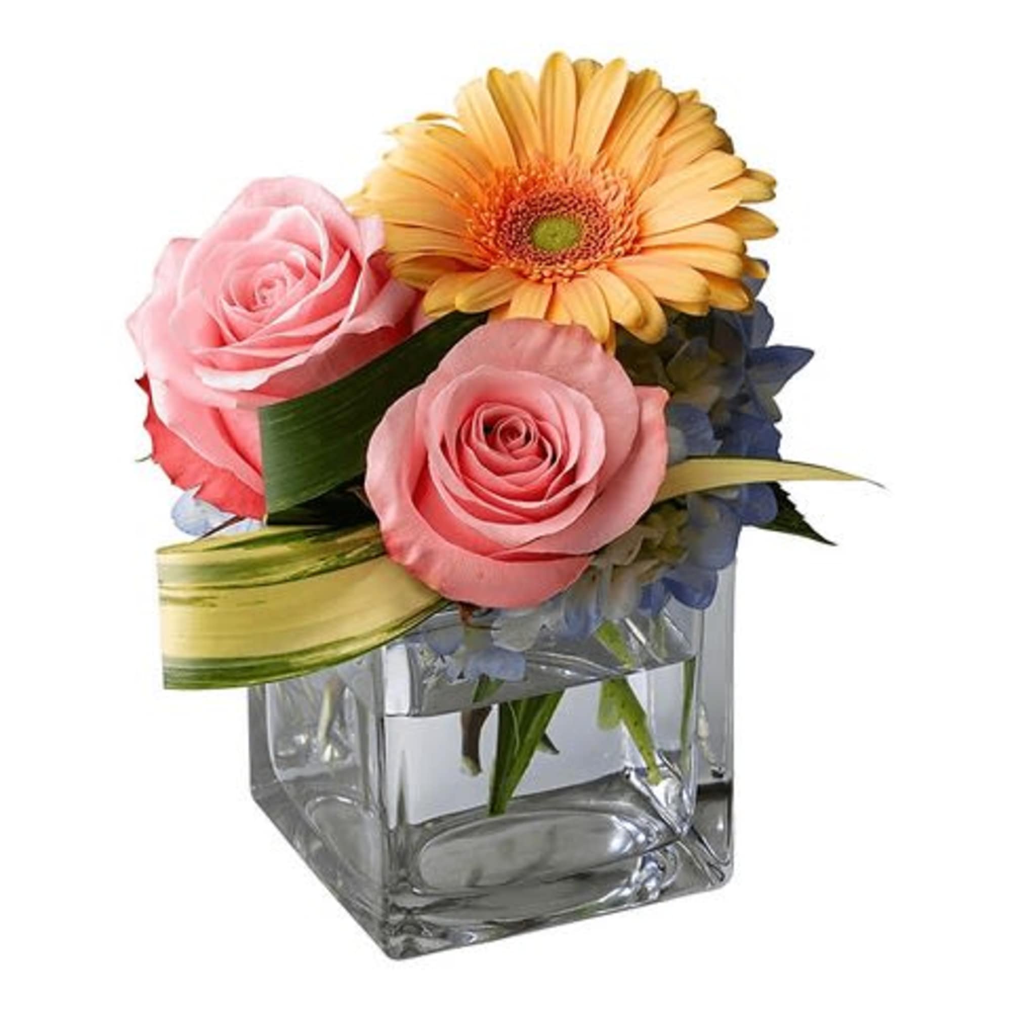 Pink roses and a yellow gerbera daisy in a square glass vase