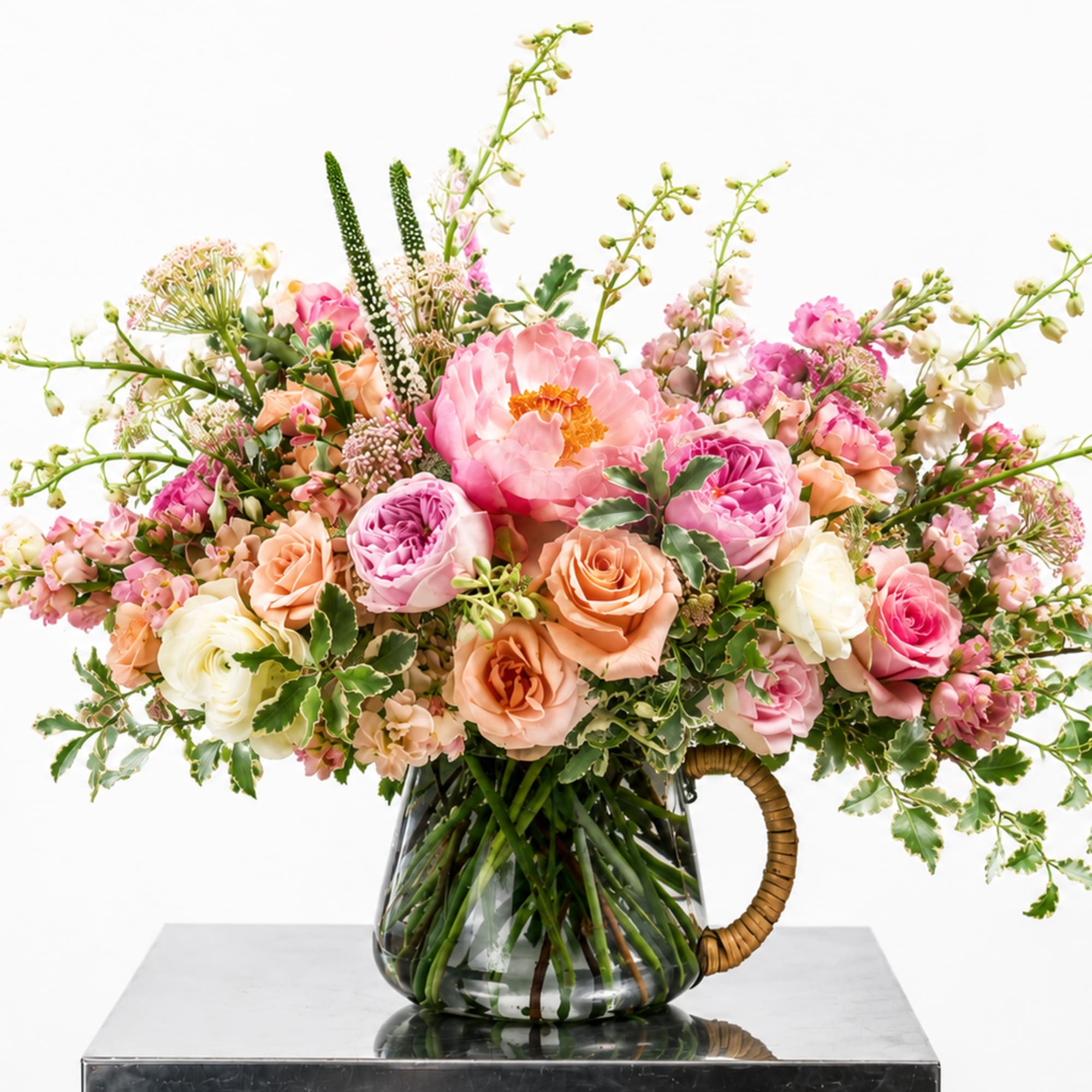 Pink and peach mixed flower arrangement in a glass pitcher vase