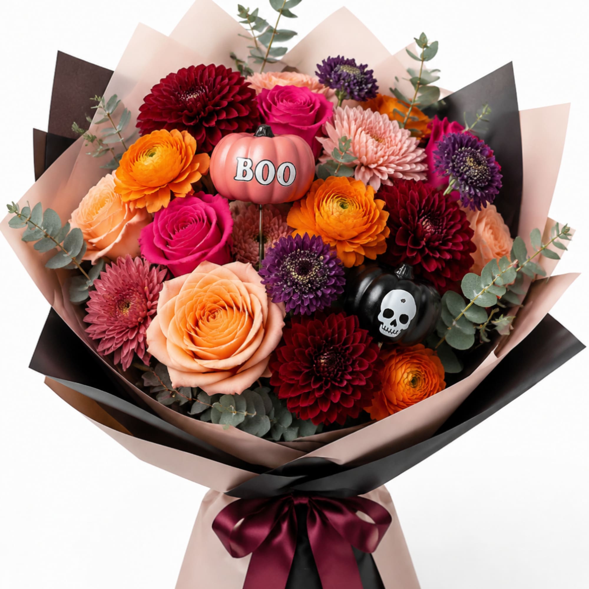 Bouquet of mixed flowers with two small Halloween pumpkins