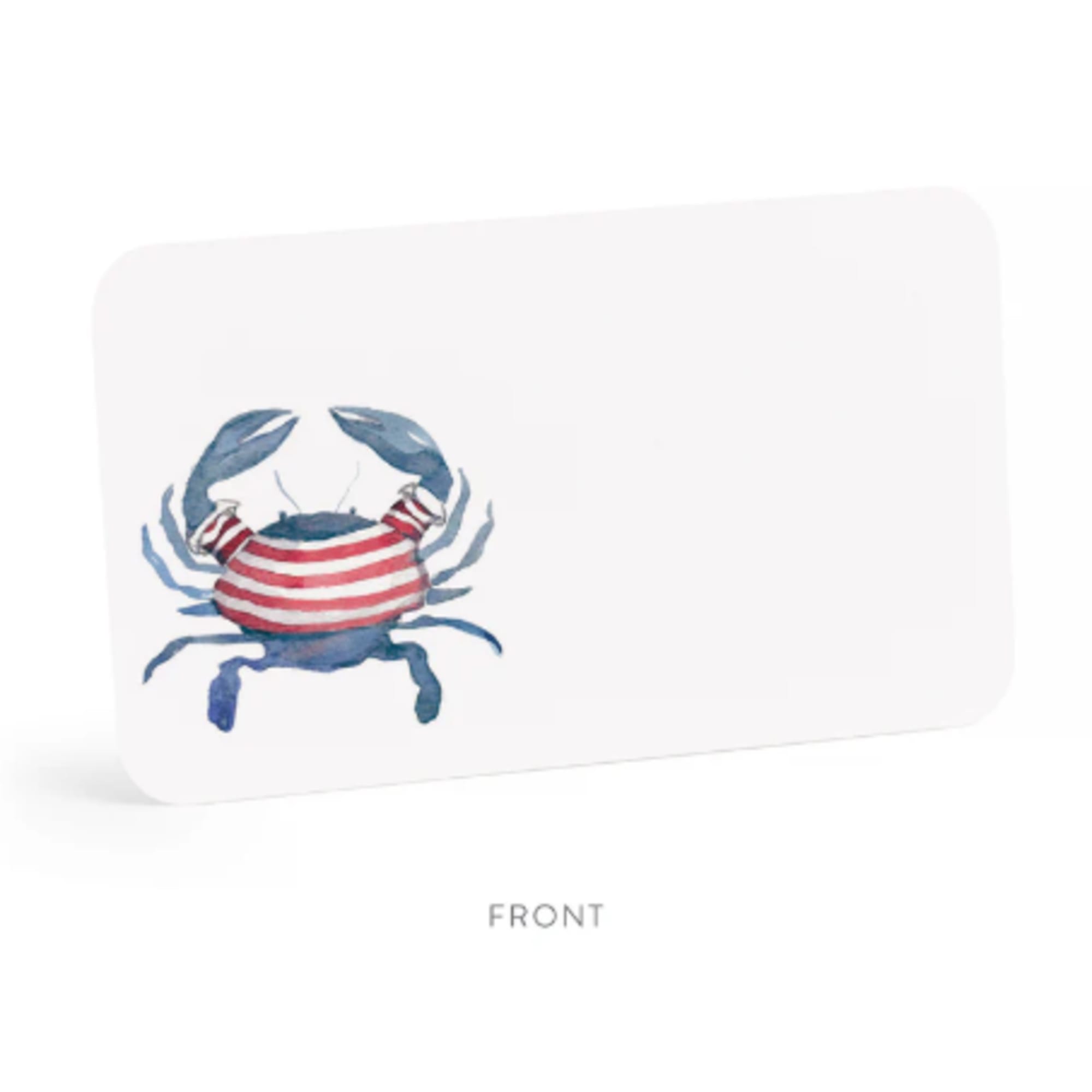 White card with a blue and red striped crab illustration
