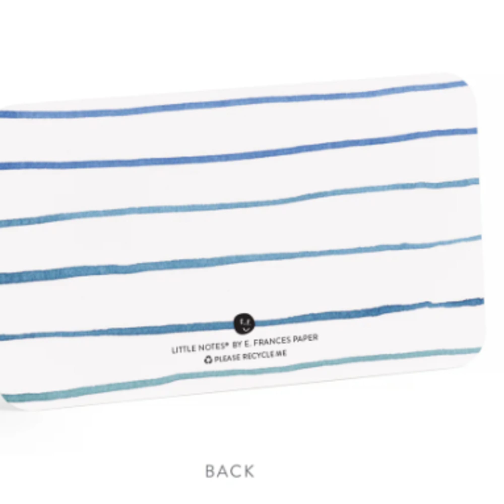 Striped white fabric pouch with blue lines and a small logo