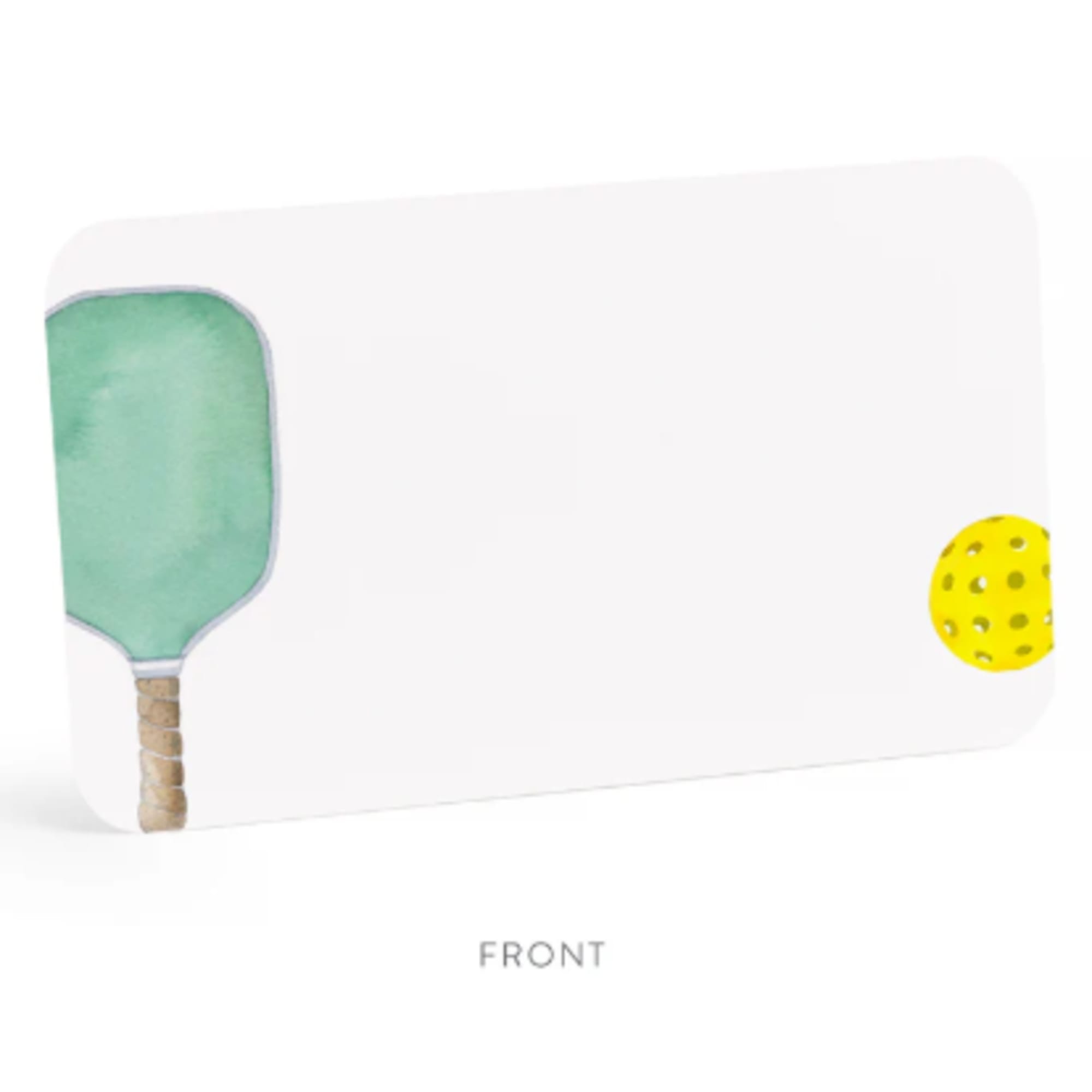 White paddle-shaped board with a green paddle graphic and yellow ball