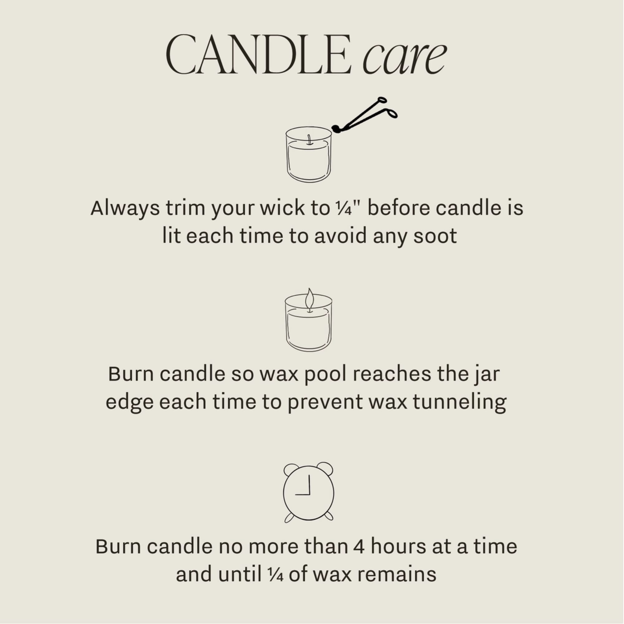 Candle care instructions with simple line drawings on a beige background